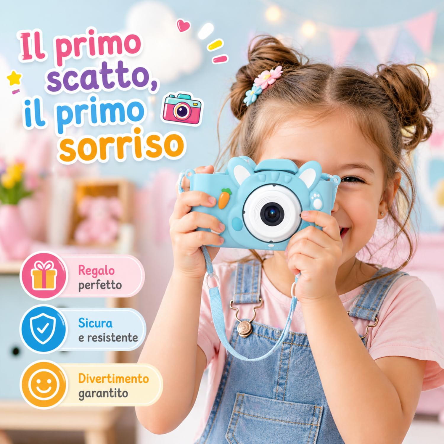 KidsCamera Bibi il Coniglio 2K – Macchina Fotografica Digitale per Bambini 3+ Anni con Memory Card 4GB Inclusa, Foto, Video, Giochi e Filtri – Prima Fotocamera Regalo Compleanno Bambina