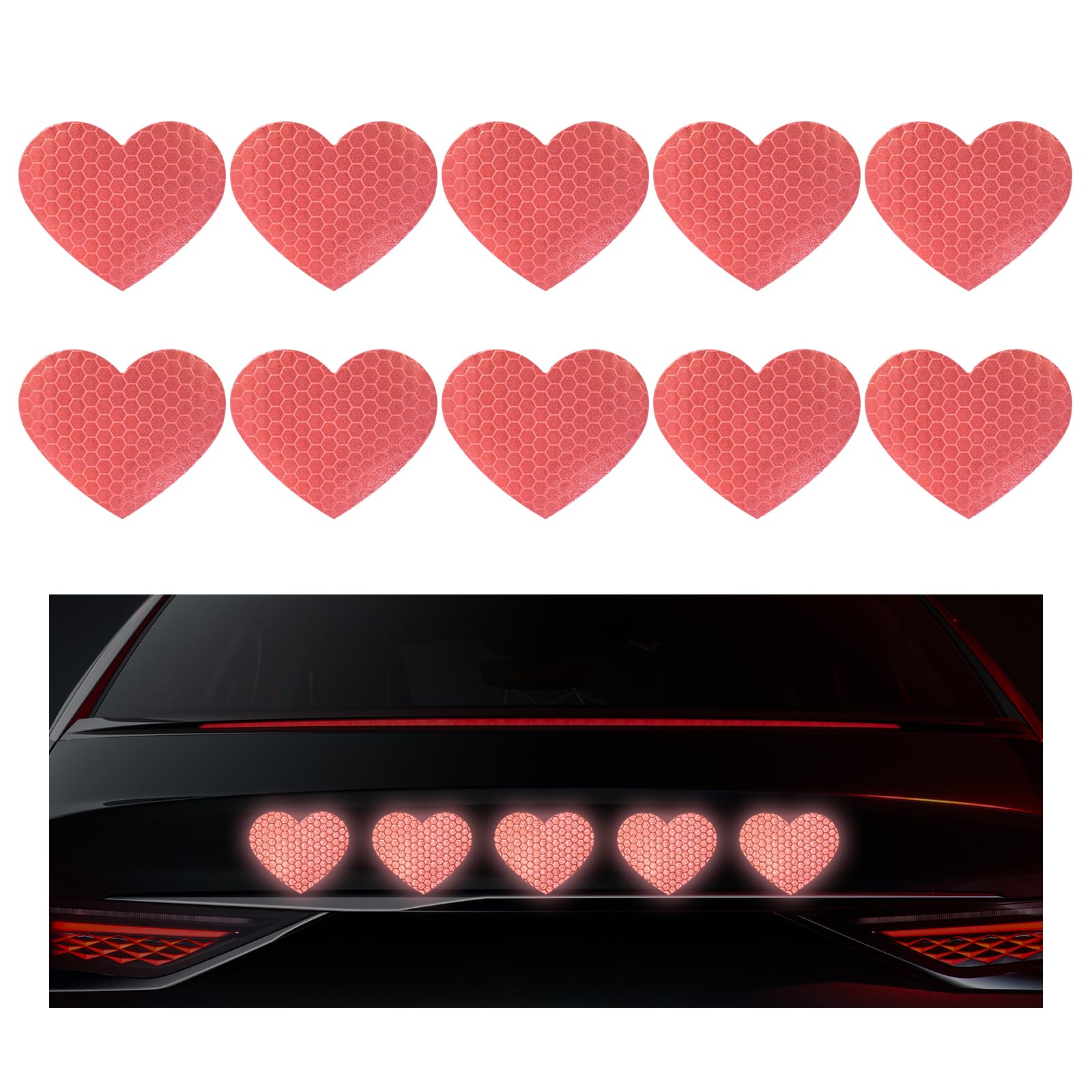 10PCS Heart Vinyl Decal for Cars, Reflective Heart Sticker Night Safety Sign, Waterproof Grid Heart Stickers for Auto Window Laptop (Heart, Watermelon Red)
