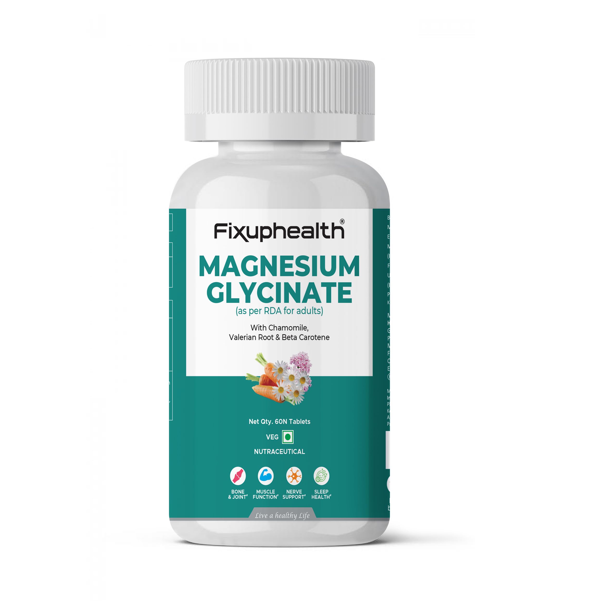 Fixuphealth Magnesium Glycinate Supplement 60 Tablets High Absorption for Sleep Cramps Nerves Health Relaxation Bone & Joint Health Pack of 1-image-0
