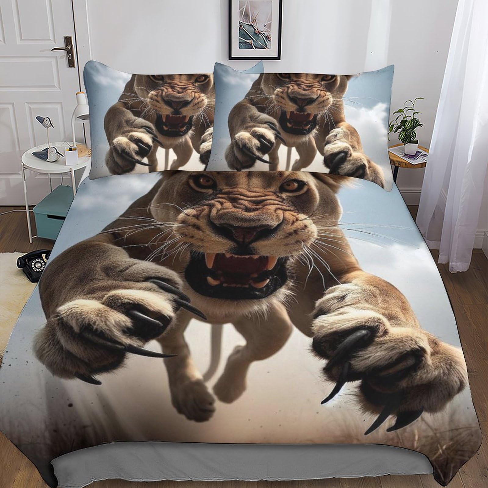 Parure de lit lion 3D en microfibre premium avec taies d'oreiller au fini soyeux