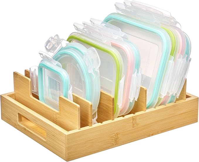 VtopmartBamboo Lid Organizers for Kitchen Cabinet Organizer with 7 Section | Food Container Lids Holder with 6 Adjustable Dividers for Pantry Organizers, Storage, Drawer Organization, Medium, 10.6"x8.3"