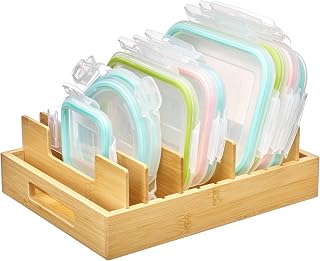 Vtopmart Bamboo Lid Organizers for Kitchen Cabinet Organizer with 7 Section | Food Container Lids Holder with 6 Adjustable Dividers for Pantry Organizers, Storage, Drawer Organization, Medium, 10.6"x8.3"