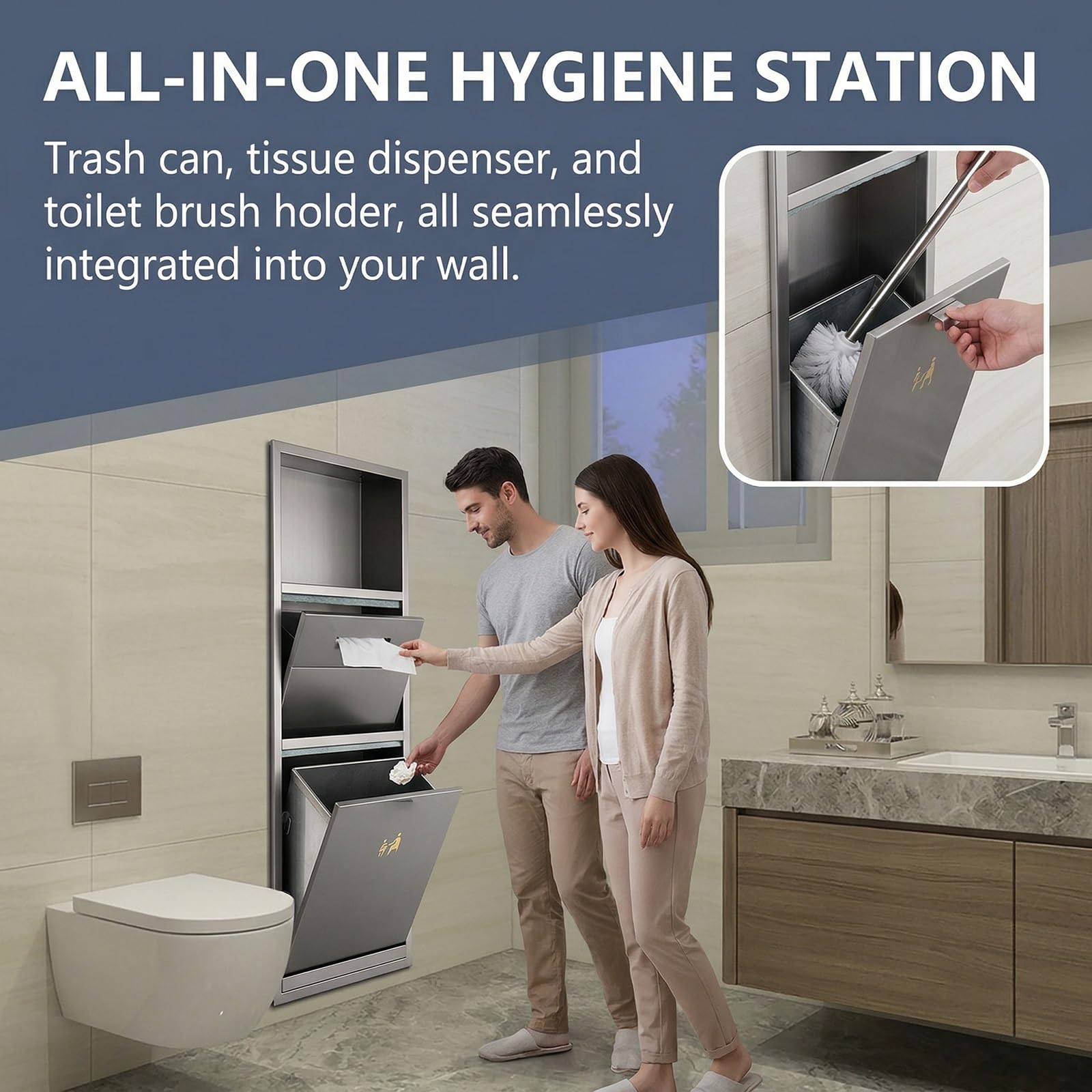 Portarrollos de Papel Higiénico Empotrado con Papelera, Nicchia de Acero Inoxidable 304 para Baño, Mueble WC de Pared, Acabado Cepillado(Nero,580x310mm)