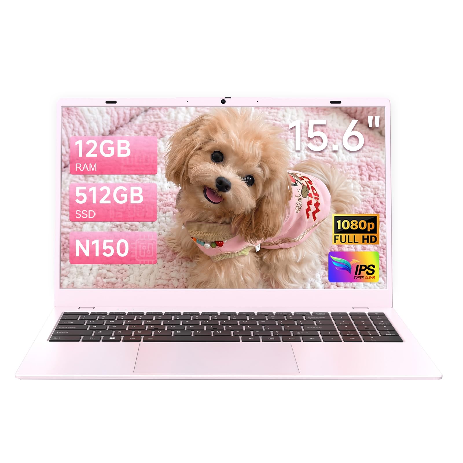 EVOBUC 15.6 inch Laptop Computer, in N150 Processor,(Up to 3.6GHz, 12GB RAM 512GB SSD, 1080P FHD IPS Display, Type-C, USB 3.2, HDMI, WiFi 6, BT5.0,Laptop for Business & Students, Pink
