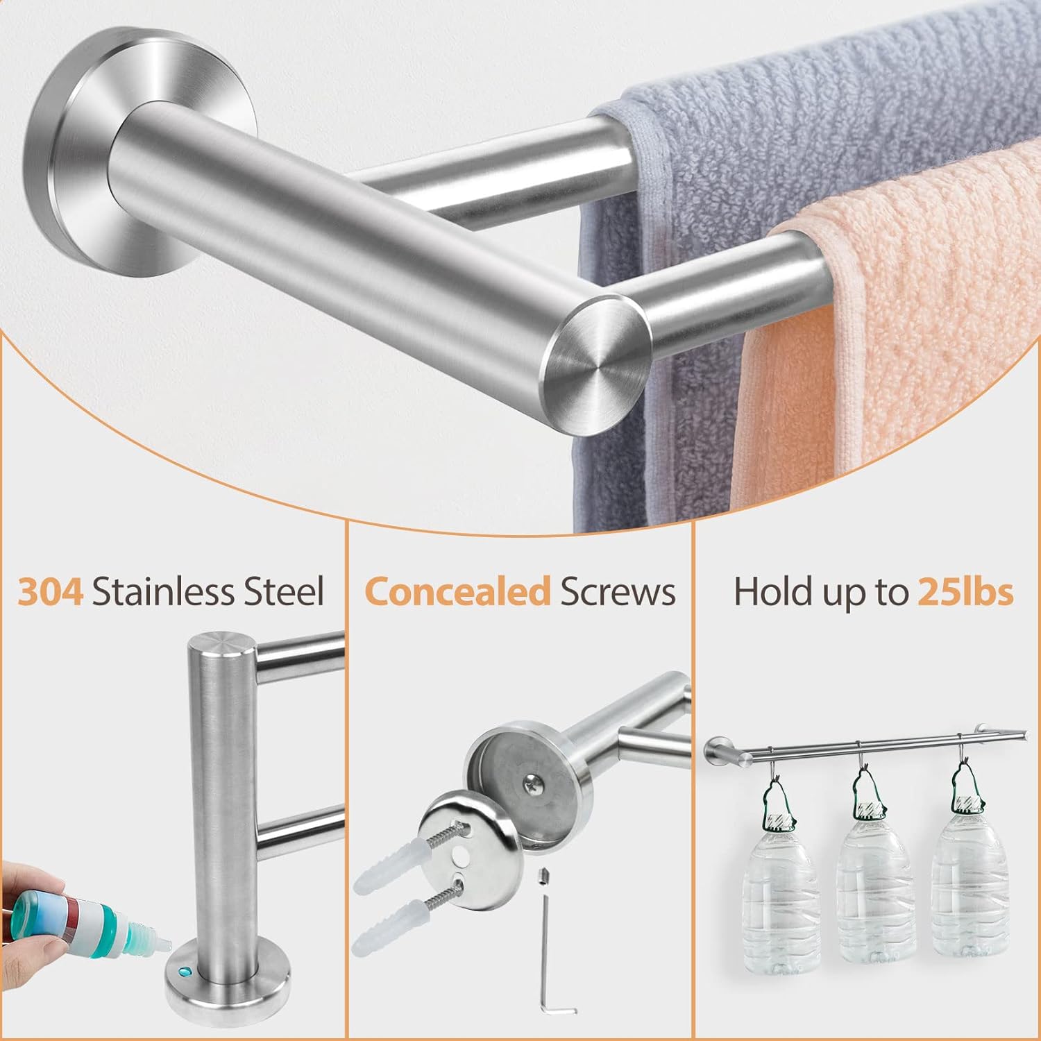 TONIAL Double Towel Bar Rack 25 Inch (2.1 Feet) - Upgraded SUS304 Stainless Steel Bath Towel Rack Holder for Bathroom Wall Mounted, Classic Brushed Finish (Total Length 26.4 Inch) : Tools & Home Improvement