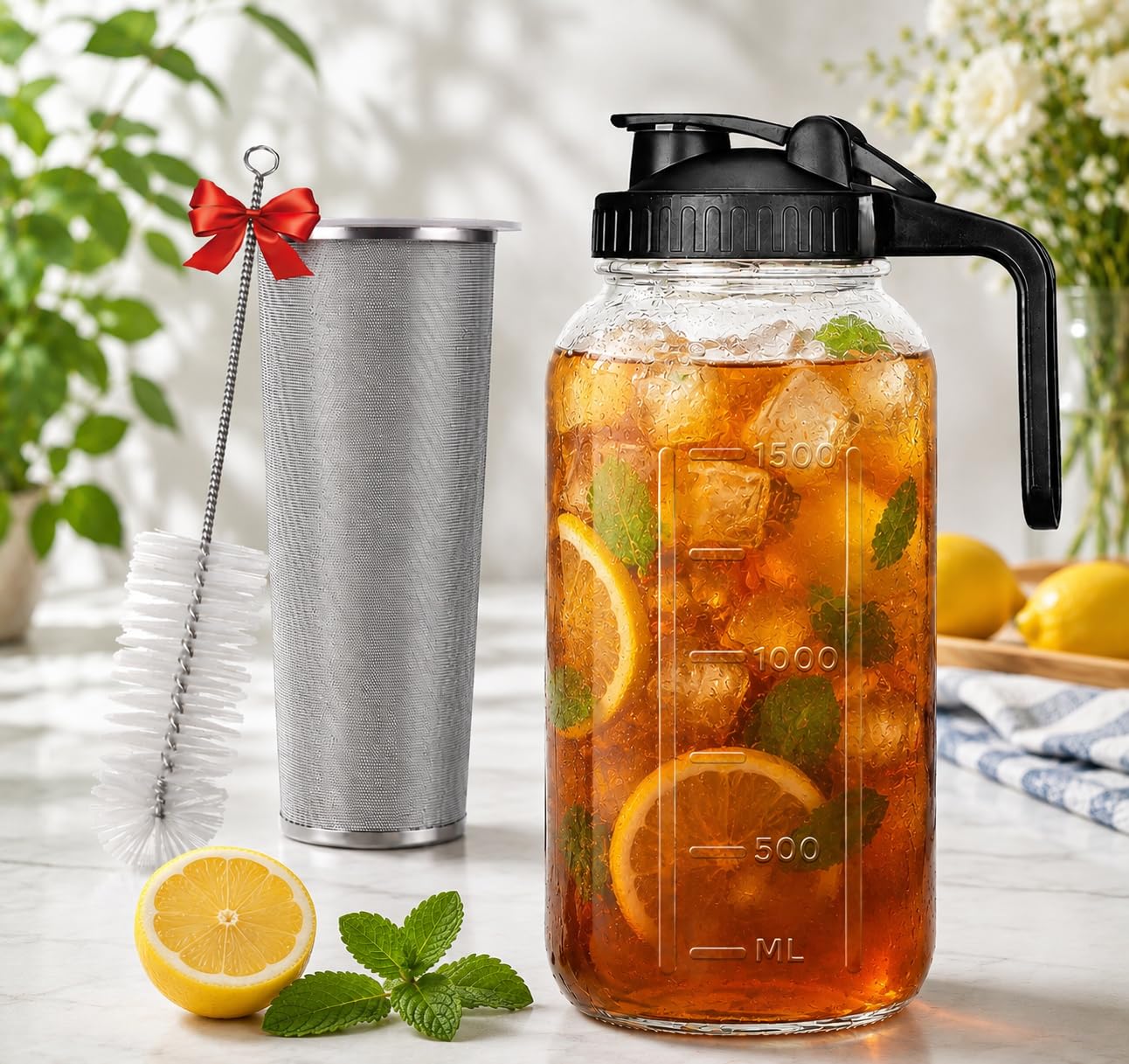 Brew Coffee Maker & Iced Tea Brewer – 1.8 L Borosilicate Glass Pitcher, Food Graded BPA Free Silicon with Reusable Mesh Filter – Dishwasher Safe – Ideal for Home & Travel (Mason Jar)-image-45