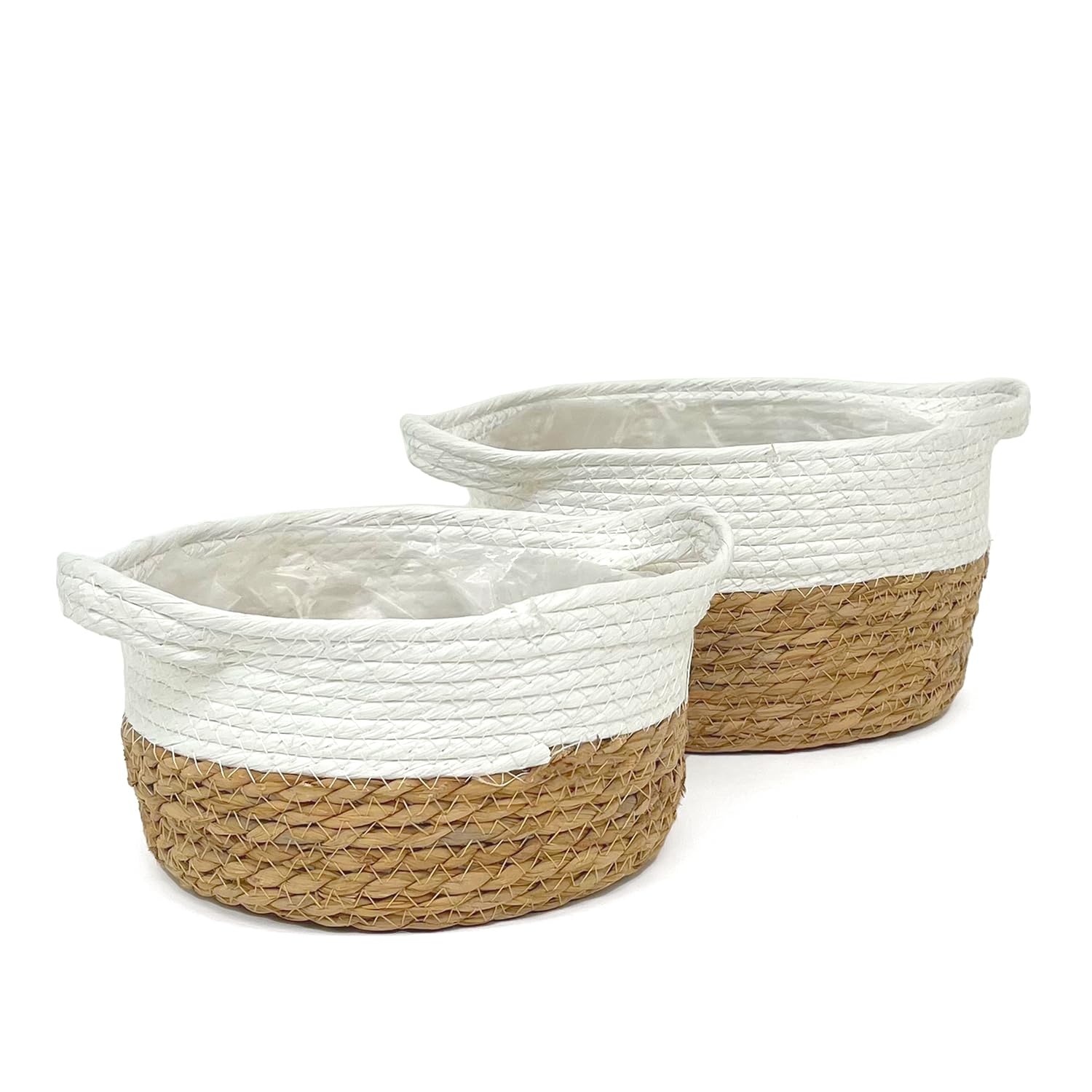 Lot de 2 paniers en paille naturelle et corde, pots à fleurs, plantes, tressés, osier, paniers, pour intérieur et extérieur, décoration de maison, accessoires de rangement (rond)