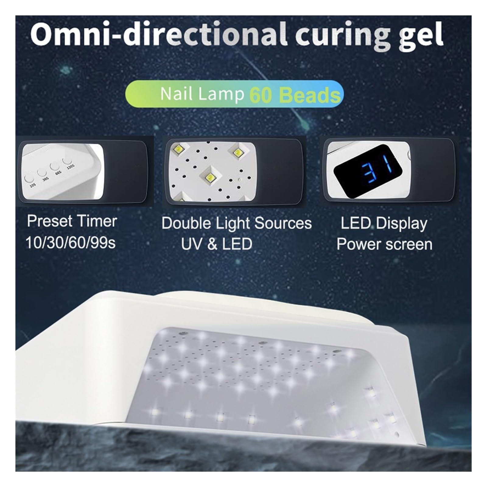 Lampa UV do paznokci, Lampa LED UV Do Paznokci Lampa Do Paznokci Z Poduszką Ręczną 72 W Lampa Do Suszenia Paznokci Do Utwardzania Wszystkich Żelowych Lakierów Do Paznokci 60 Szt. Koraliki Paznokci Lam