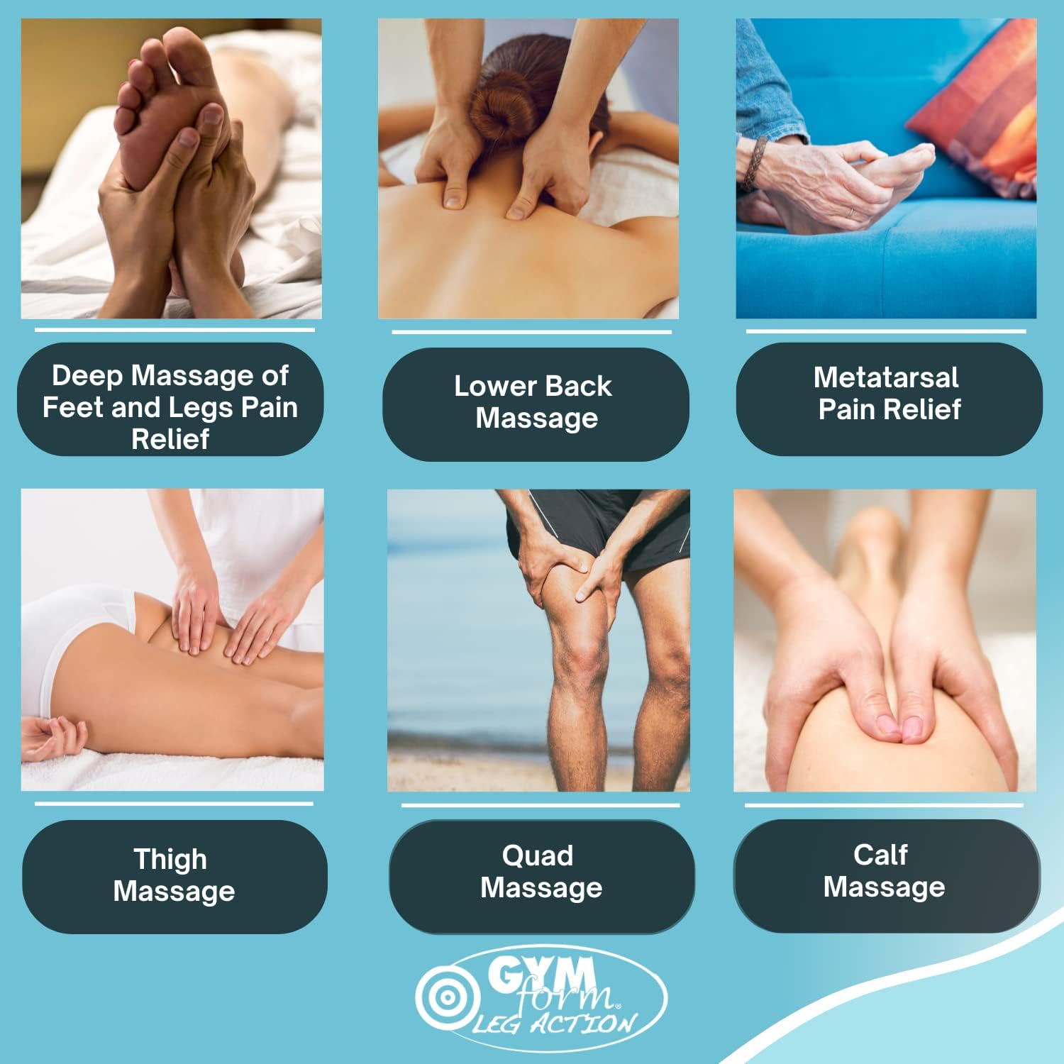 Various massage applications including deep foot, lower back, metatarsal, thigh, quad, and calf massage