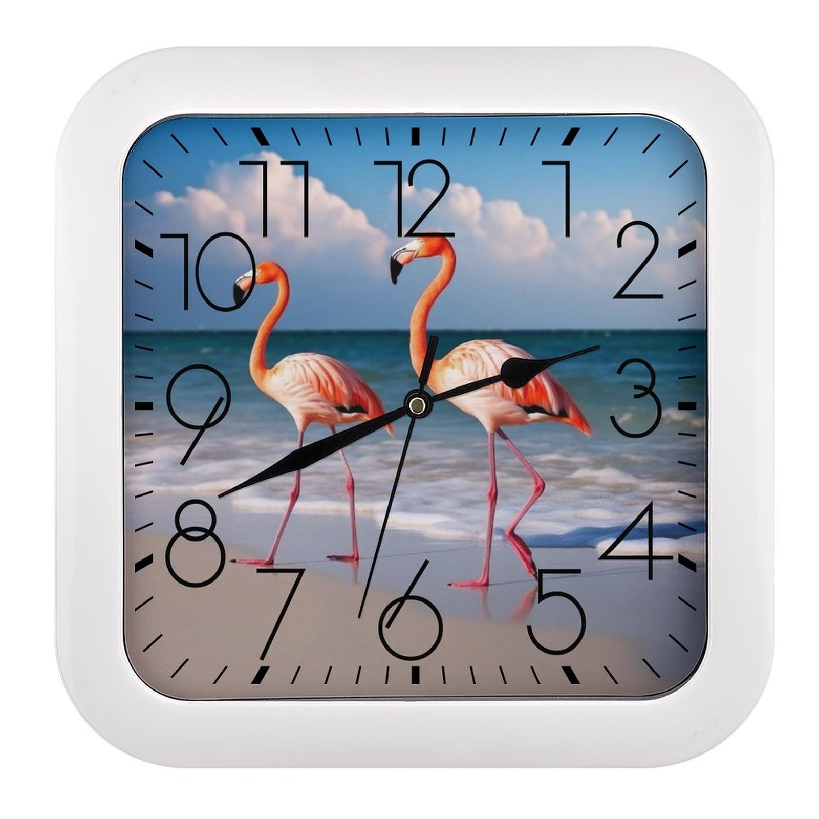 NTVOWPZO 10 Inch Wall Clock Flamingo On The Beach Battery Operated Wall Clocks Silent Non-Ticking Square Wall Clock for Living Room Kitchen Home Office Wall Decorative Clocks