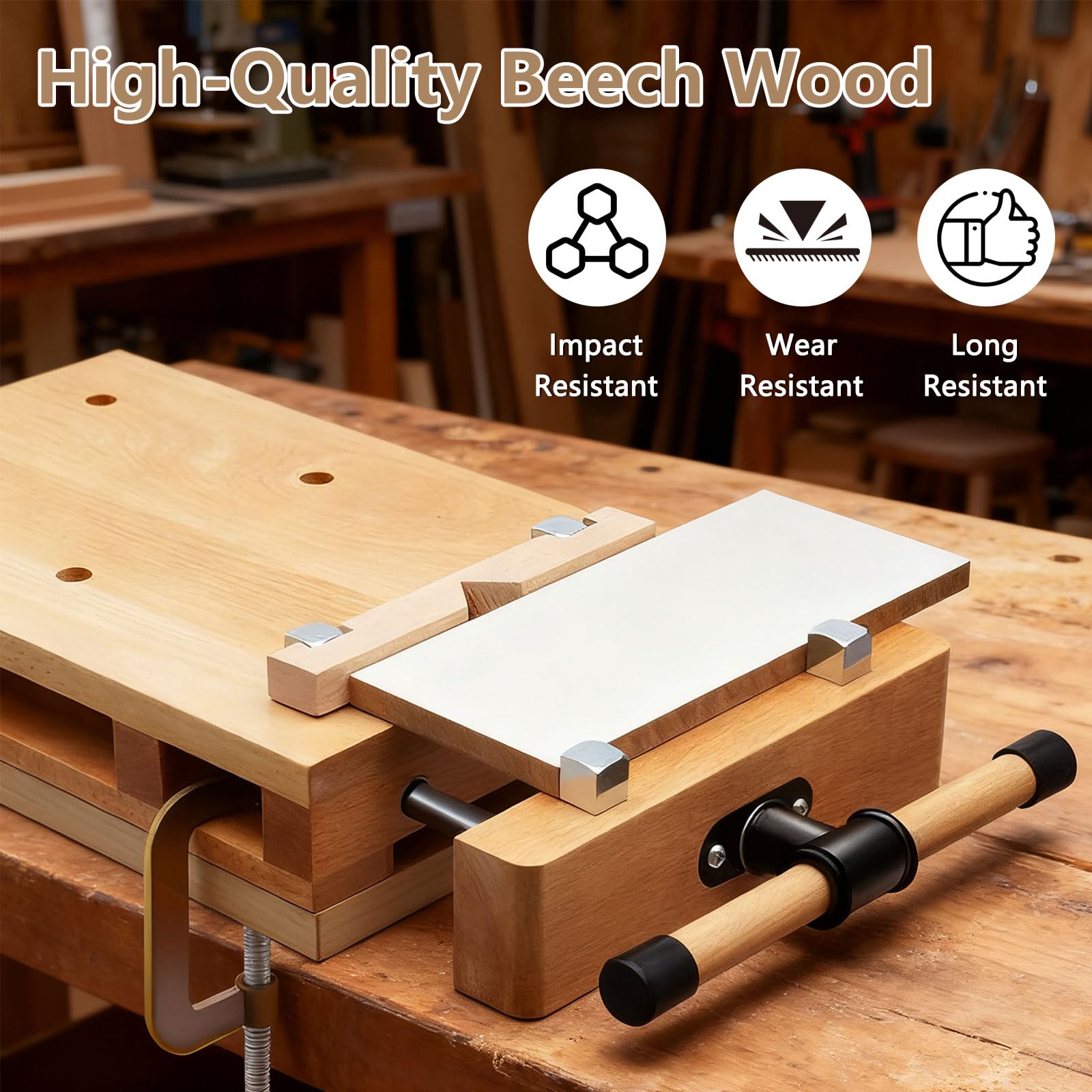 Tragbare Hobelbank, Mini Werkbank mit Schraubstock, Verstellbarer Griff, Mobil Holz Schraubstock Workbench, Werktisch aus Buchenholz für Klemmen und Hobeln, 47x28x7 cm
