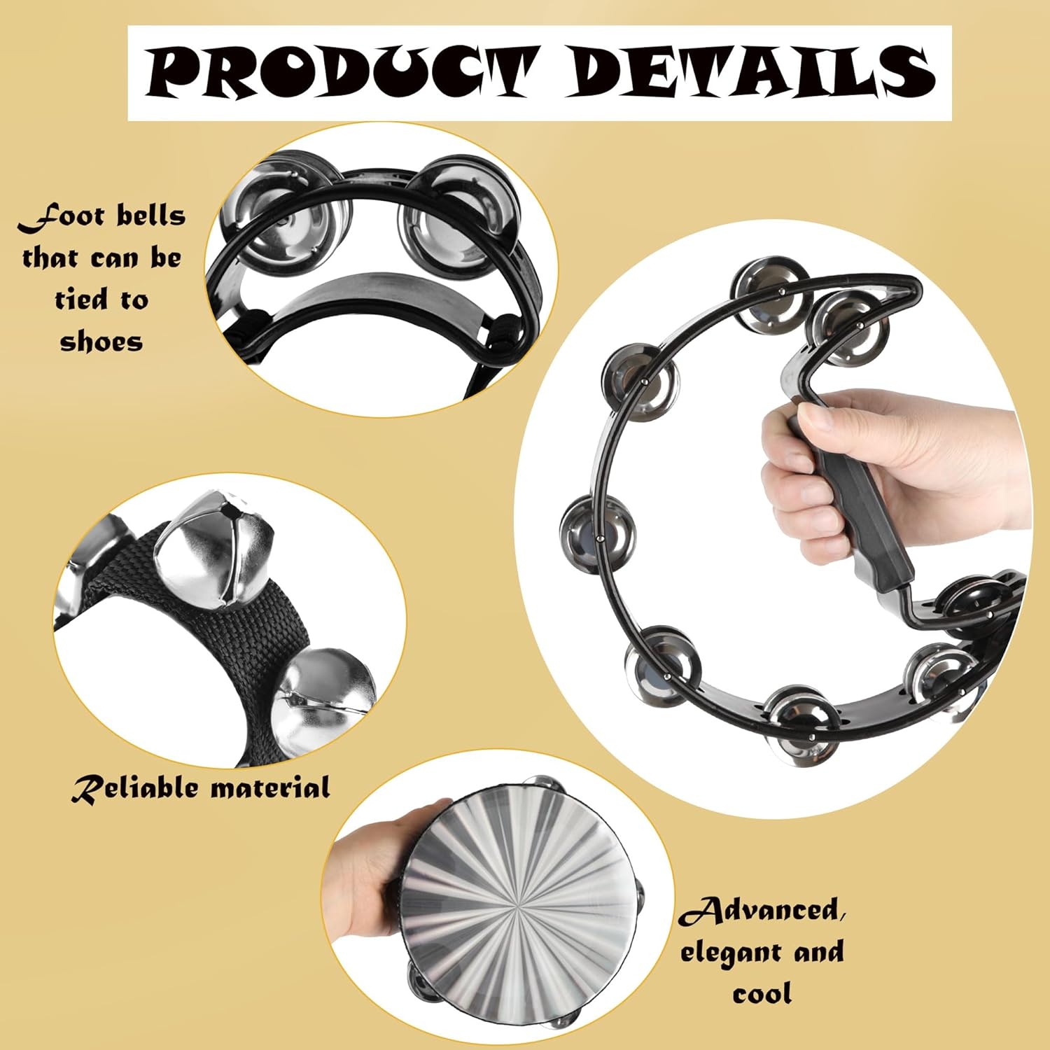 12 Pcs Tambourines for Adults Half Moon Tambourine Handheld with Foot Tambourine Wood Rhythm Sticks and Wrist Bells Egg Shakers Maracas Hand Percussion Instrument Set for Party