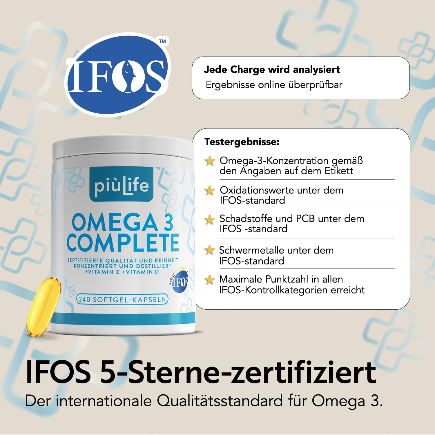 Omega 3 IFOS 5 Sterne Zertifiziert PiùLife mit Vitamin D3 & E – 480 Softgel | Fischöl EPA DHA 800 mg & 400 mg pro Tagesdosis, Omega 3 Kapseln hochdosiert für Herz, Gehirn, Augen, Knochen