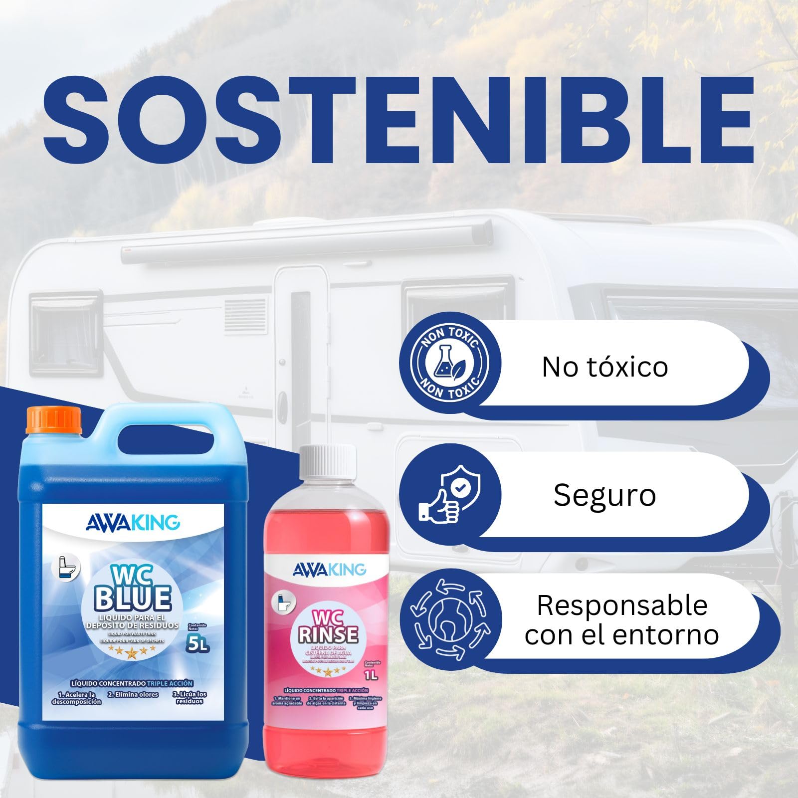 Liquido WC chimico portatile, Simile Aqua KEM Blue, 5L + Rinse 1L, Liquido WC Chimico Camper e Cisterna, Liquido Bagno Portatile Campeggio, Camper, Potti,Acqua Nera Camper,Serbatoio Rifiuti