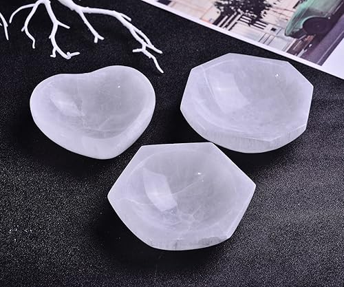 Miniatura 7 de JIC Gem Cuenco de selenita hexagonal con cristal curativo Reiki, plato de selenita marroquí para carga y limpieza, 4 pulgadas