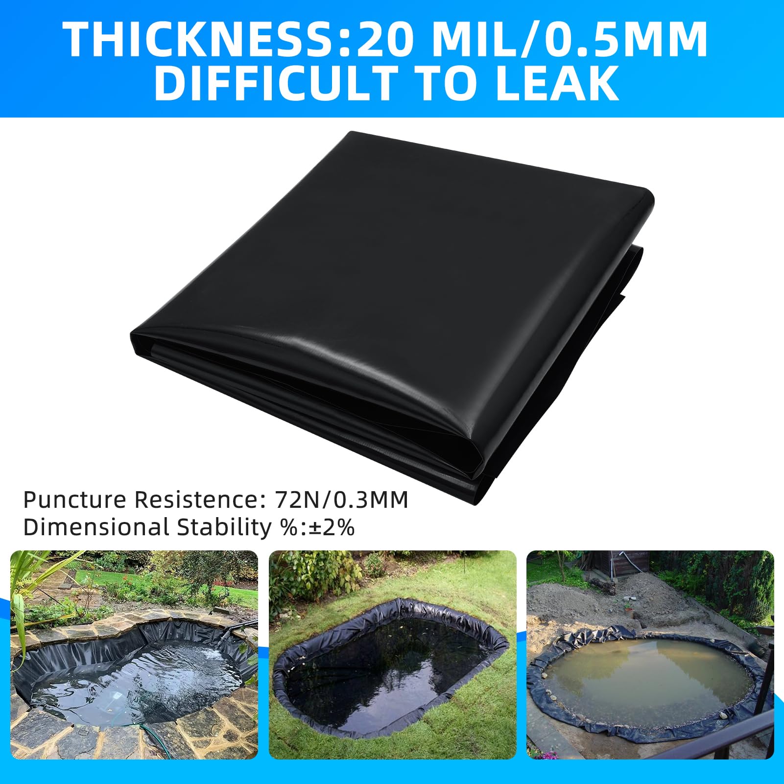 Bâche d'étang - 6 x 6 m - Épaisseur : 0,5 mm - Noir - En polyéthylène haute densité - Pour bassin à poissons, fontaine, jardin aquatique, cascade - Pour bassin de jardin