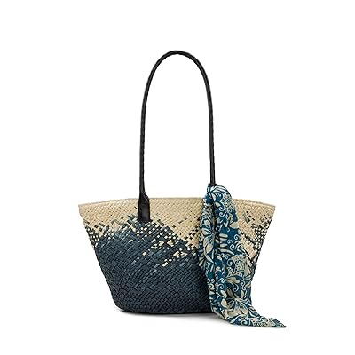 Patricia Nash Calypso Woven Tote W/ Greek Floral Scarf Tote Handbags Navy/Natural 046, Straw