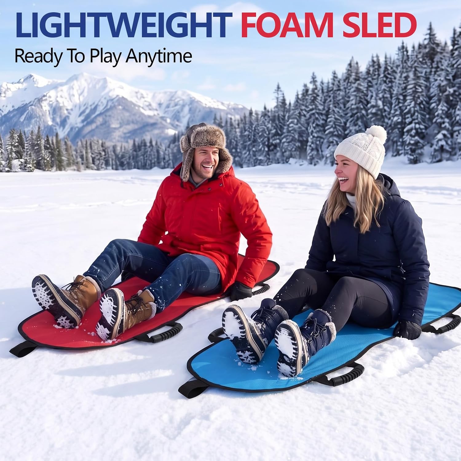 2 Pack 45" Foldable Snow Sled with 4.9 ft Pull Rope, Red, Blue