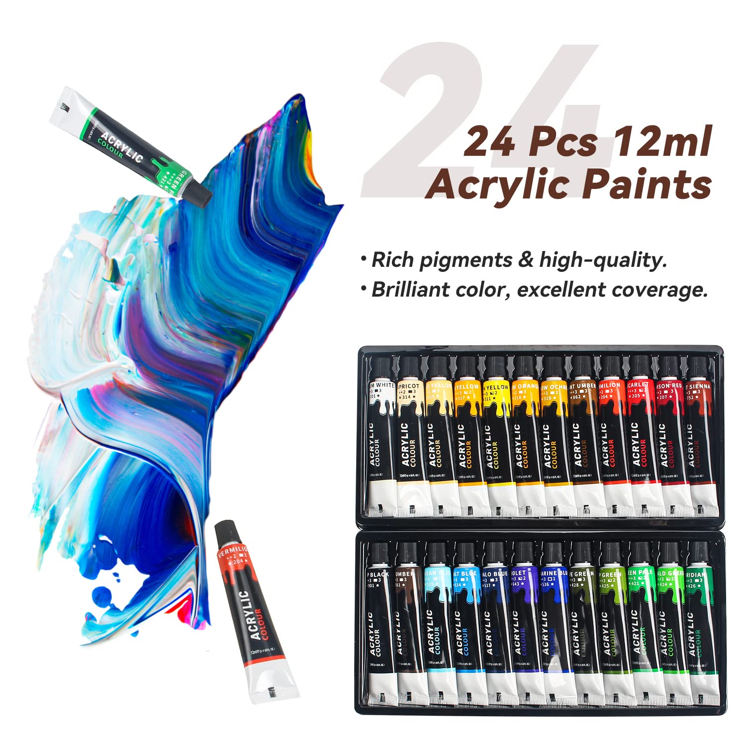 WEEKSUN Cavalletto da Tavolo di Legno con 55 PCS Kit Arte Completo, Includere 24 * 12ml Colori Acrilici, 12 Matite Colorate, 12 Pennello e Altre Forniture d'Arte per Artisti, Dilettanti, Principianti