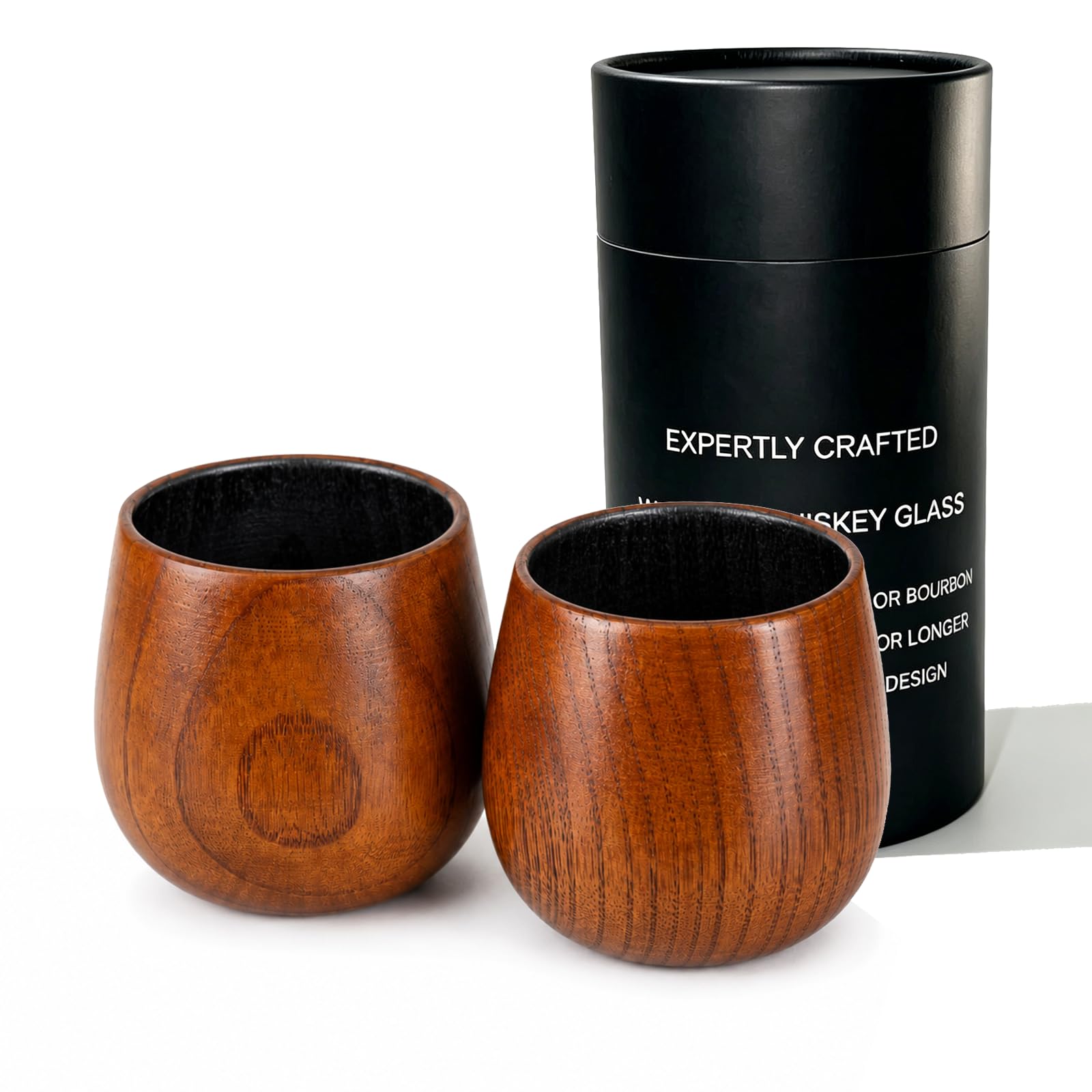 Verre à Whisky en Bois, Lot de 2 Verres à Dégustation Old Fashioned avec Intérieur Carbonisé pour Adoucir le Goût, Verre à Bourbon et Rhum, Design Évasé pour Amplifier les Arômes