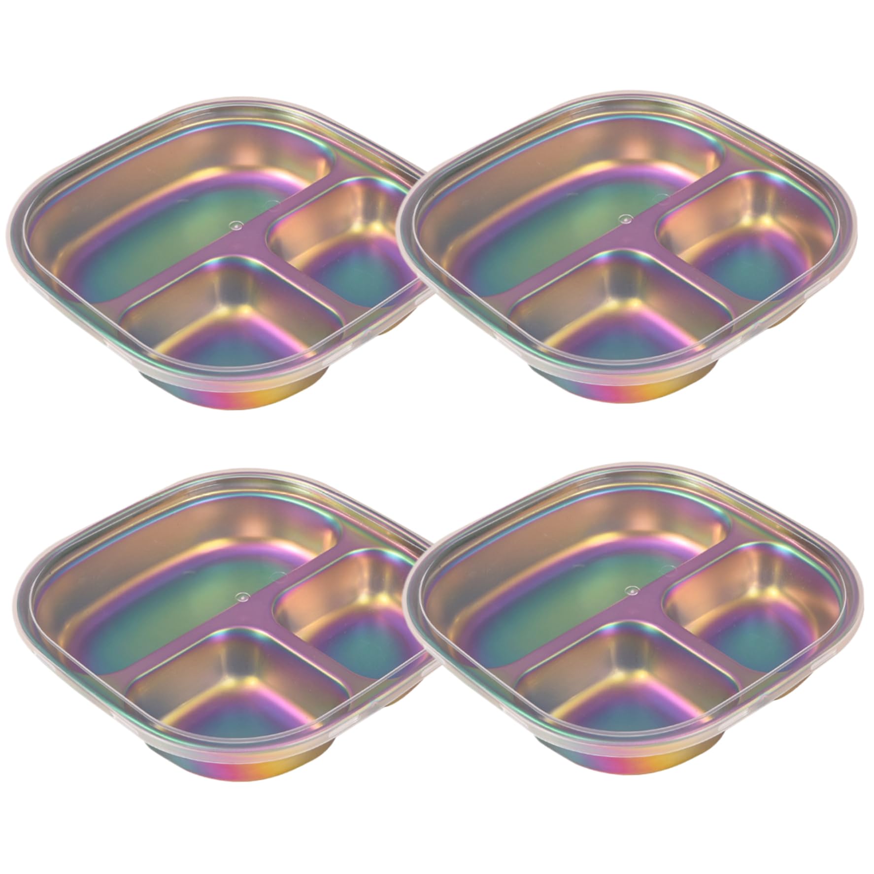 Perodlly 4Pcs Stainless Steel Kids Plates, 3 Compartments Divided Portion Control Plate with Lids, Non Toxic Stackable Camping Food Tray for Home, School, Office.