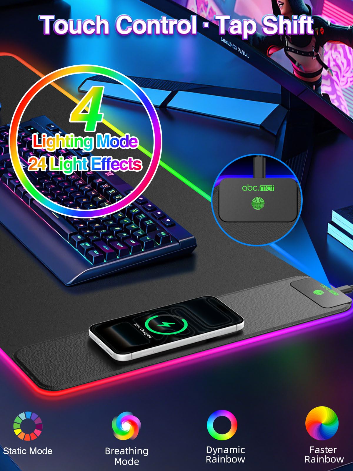 Tappetino per mouse da gioco XXL RGB con caricabatterie wireless magnetico da 15 W, tappetino da scrivania a LED extra large da 80 x 40 cm, 24 effetti di luce, con base in gomma antiscivolo