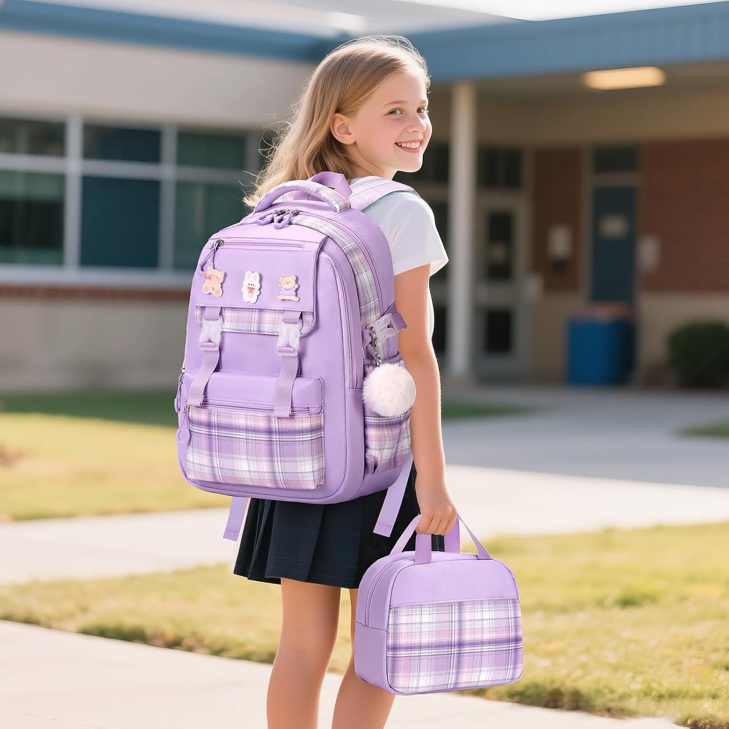 DIGOBAY 3PCS School Backpack for Girls, Girls Backpack with Lunch Box, Pencil Case, Cute Kawaii Plaid Book Bag for Teen Girl Kindergarten Elementary Preschool Middle High School, Purple