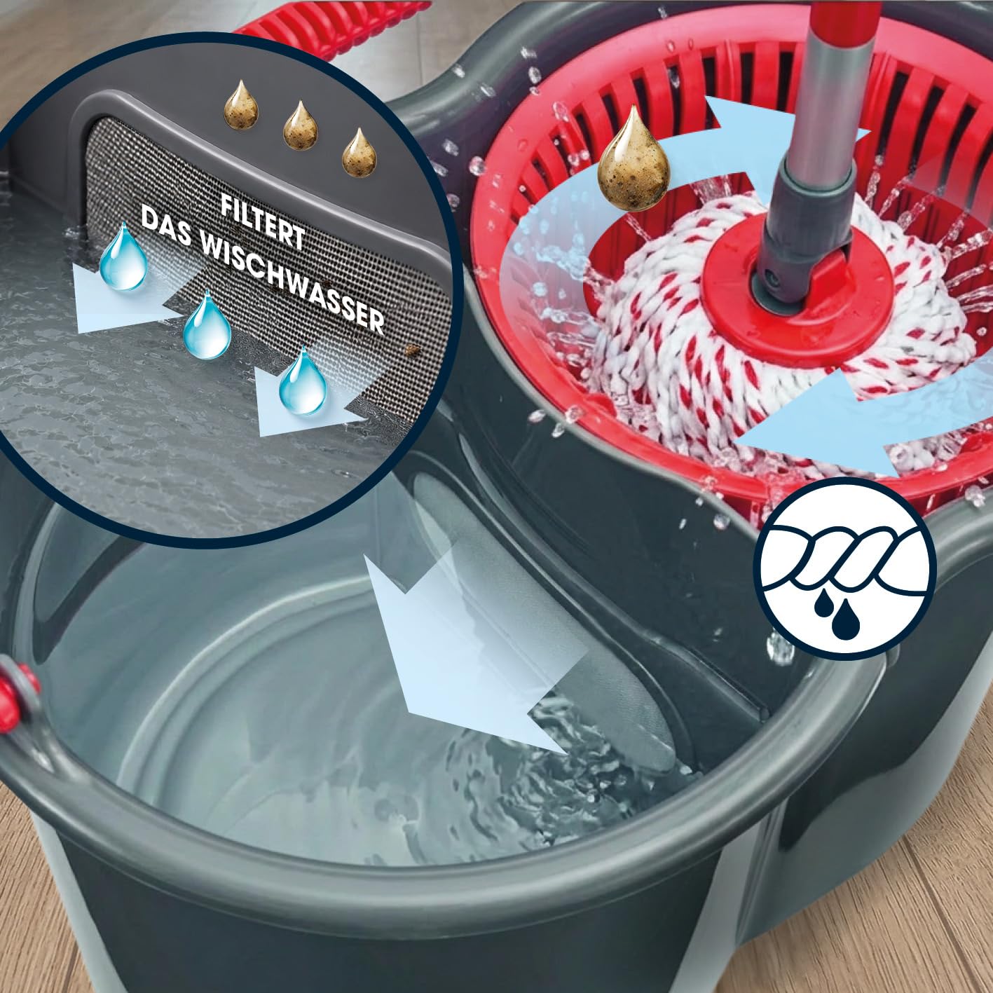 CLEANmaxx Zestaw mopa Power + 2 zapasowe ściereczki – mop do podłogi i wiadro do czyszczenia