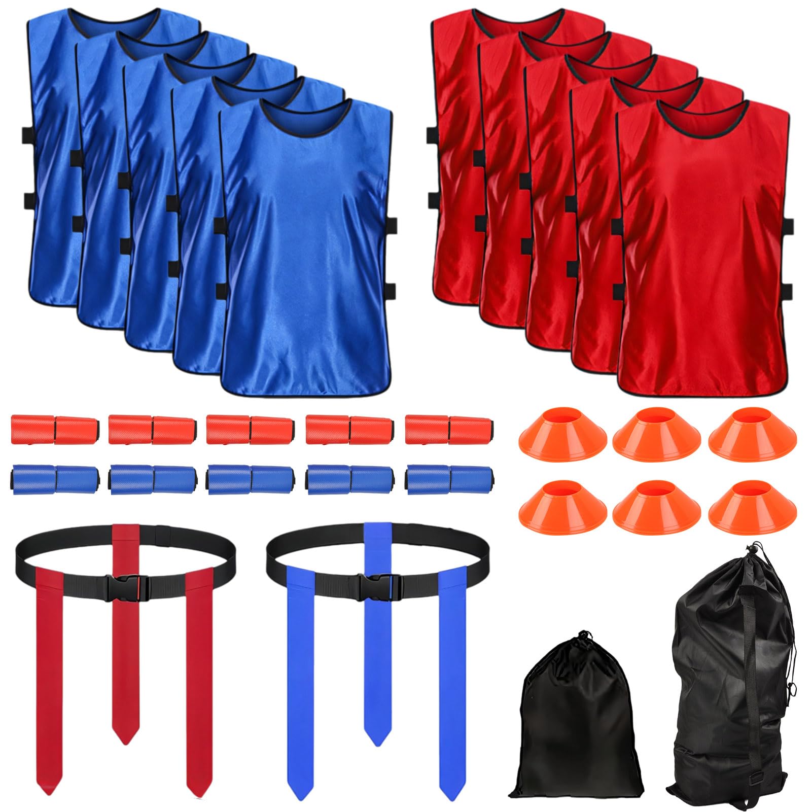 10 Player Adjustable Football Flag Kit Set, Outdoor Sport Training Flag Football Set - 10 Flags + 12 Cones +10 Vest +Travel Bag for Teens Training