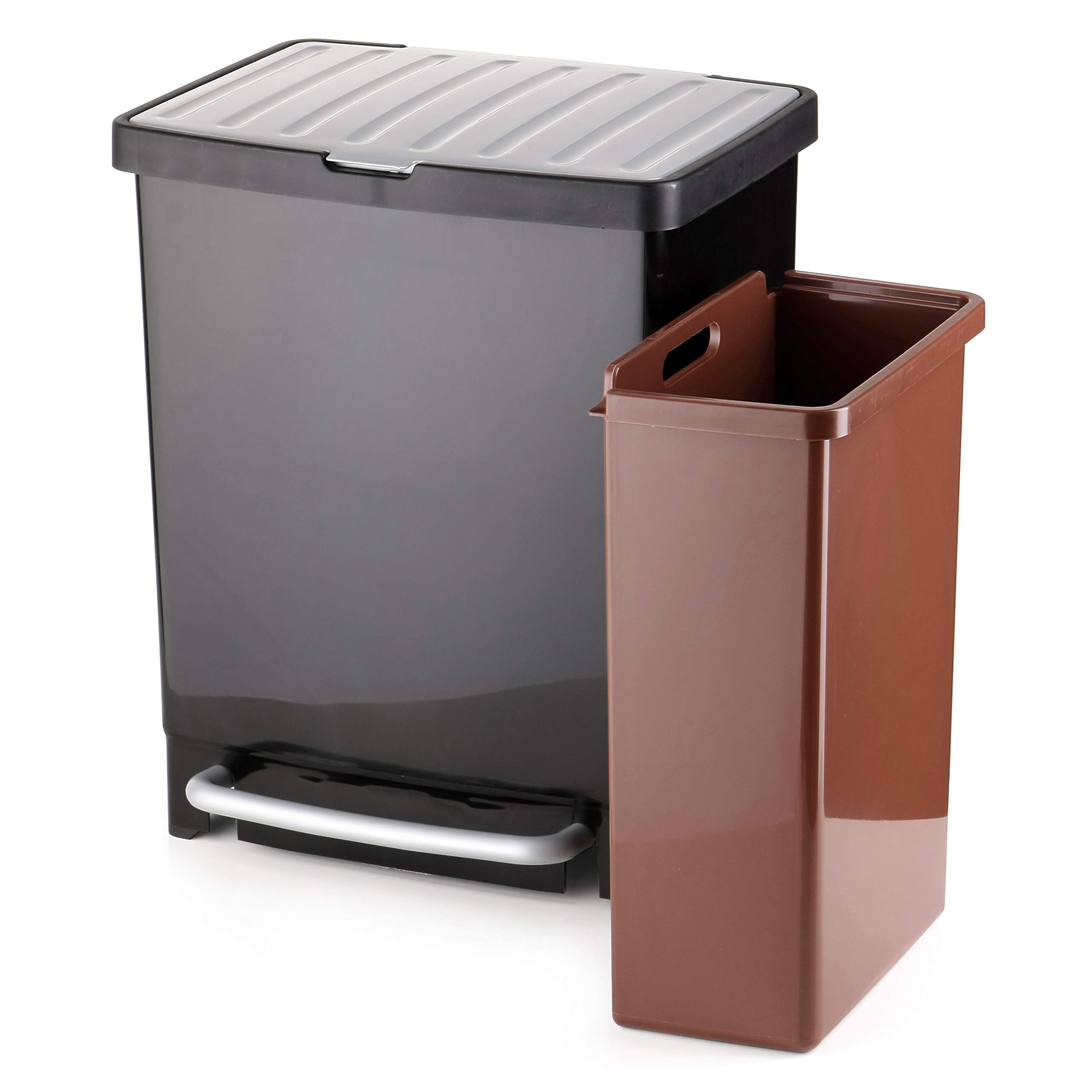 TATAY Recyclingbak met Pedaal 25L | Binnenverdeler voor 2 Soorten Afval | Voor Binnen en Buiten | Geschikt voor 30L Zak | BPA-vrij Stevig Plastic | 33 ,5x31x42 cm, Grijs