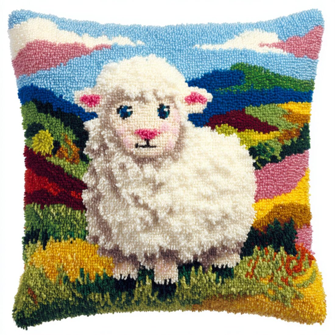 Kitquiver Animal DIY Latch Hook Kit Cartoon Sheep DIY Latch Hook Kits Pillow Printed Cushion Crochet Yarn 3D Embroidery Set Pillowcase Rug Home Decor 17x17In