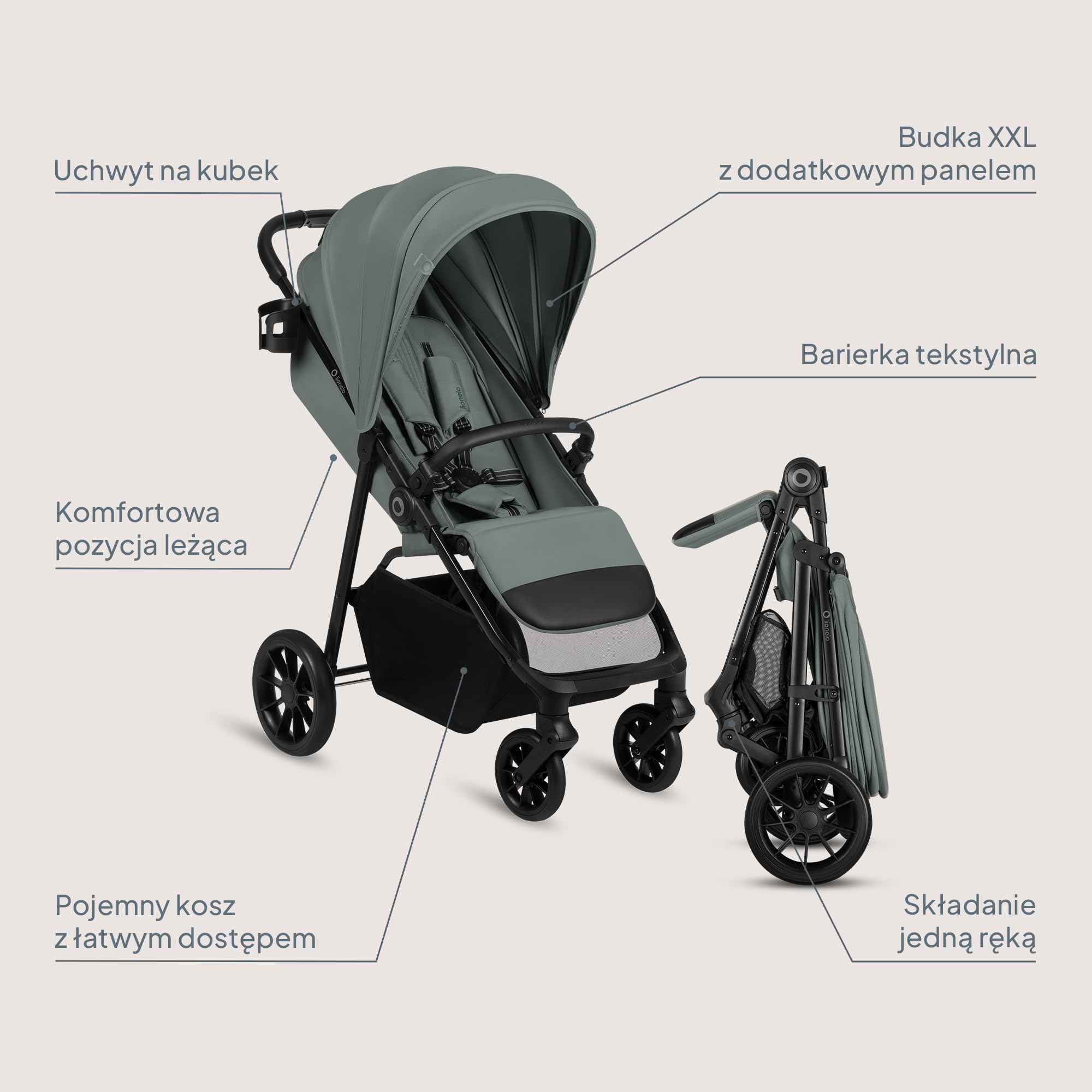 Lionelo Emerald Buggy do 22 kg, 6 miesięcy – 4 lata, koła EVA 360° ze sprężyną, składane jedną ręką, powierzchnia do leżenia 91 cm z regulowanym oparciem, wodoszczelny daszek UPF50+, duży koszyk na