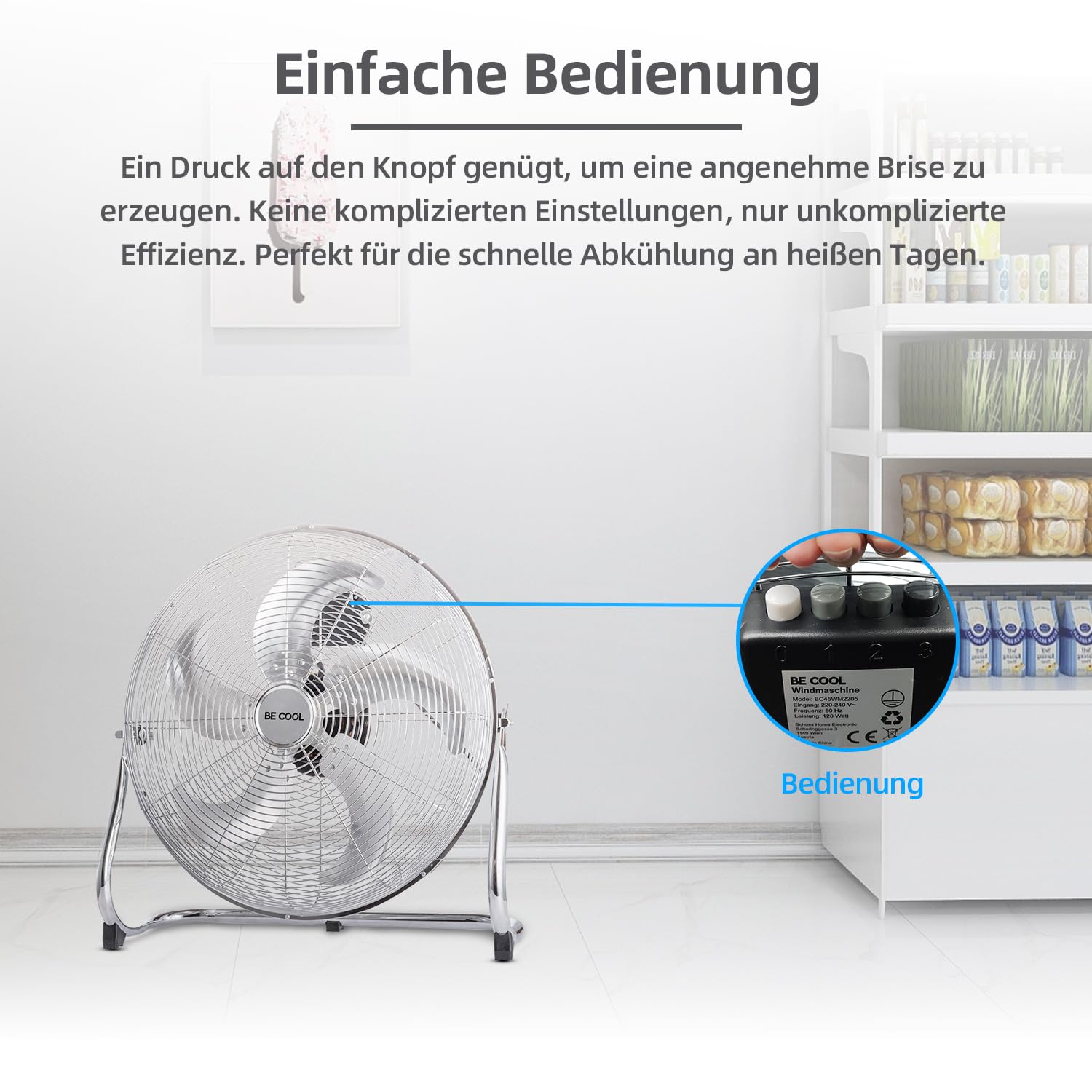 BE COOL Windmaschine 45cm BC45WM2205 – Ø 45 cm, 120 Watt, Aluminium-Design, Neigung stufenlos verstellbar, chrom