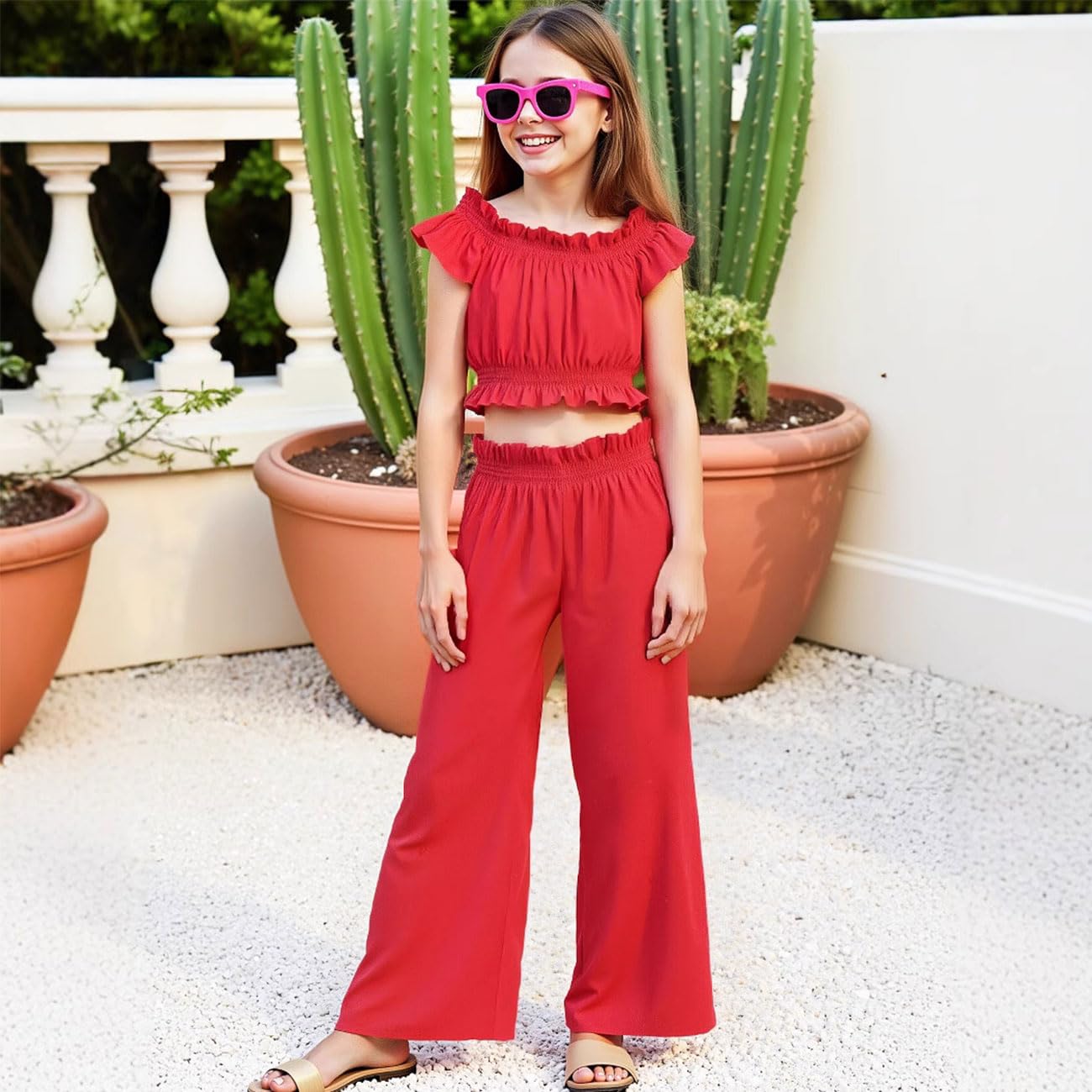 Completo Estivo Bambina, Top con Spalle Scoperte, Maniche con Volant e Vita Stretta + Pantaloni Elasticizzati a Vita Alta e Gamba Larga, Abbigliamento Bambina, Rosso 8-12 Anni