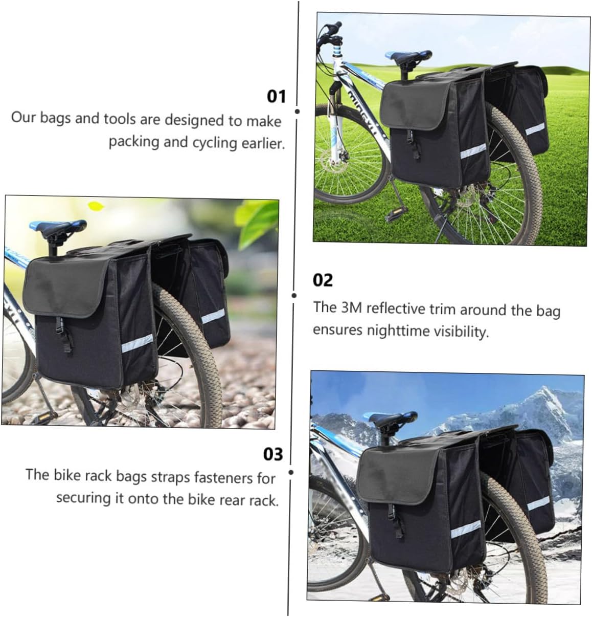 Bike Pannier Bag Rear Rack Saddle Bag Reflective Stripe Large Compartment Non-woven Fabric