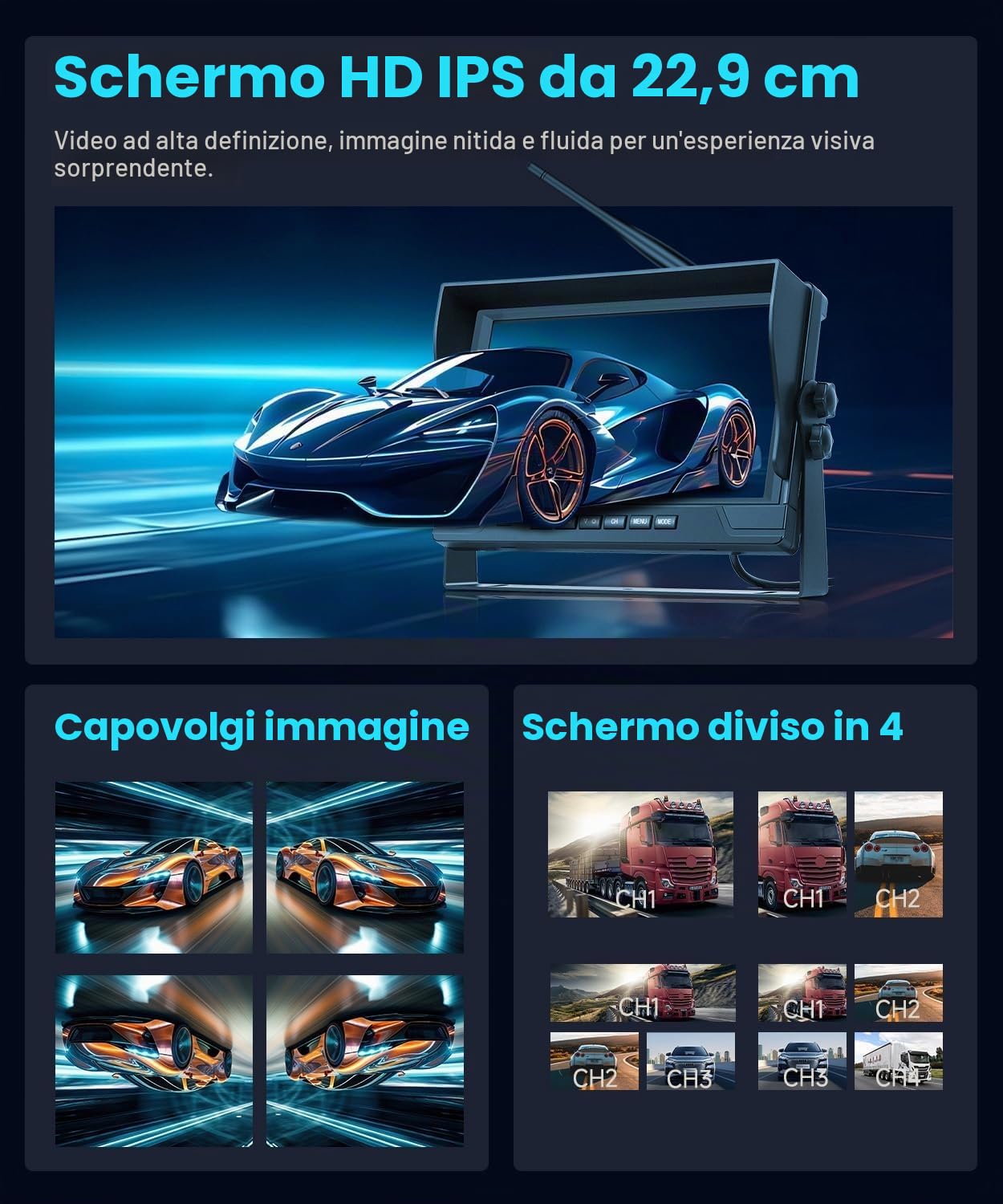VECHTEL Kit Telecamera Posteriore IPS HD 9 Pollici senza Fili con 4 Schermi, BSD/DVR, Telecamera Retromarcia Auto Wireless Impermeabile IP68 con Visione Notturna per Camion, Camper, Furgoni