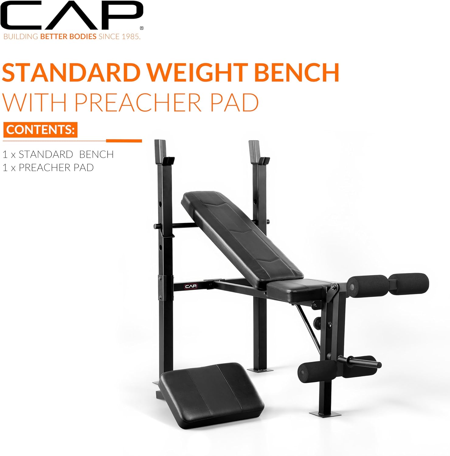 CAP Standard Weight Bench with Preacher Pad | Adjustable Bench Press Station with 4 Backrest Positions, Leg Developer, Steel Frame, 500 LB Capacity | Home Gym Strength Training Bench