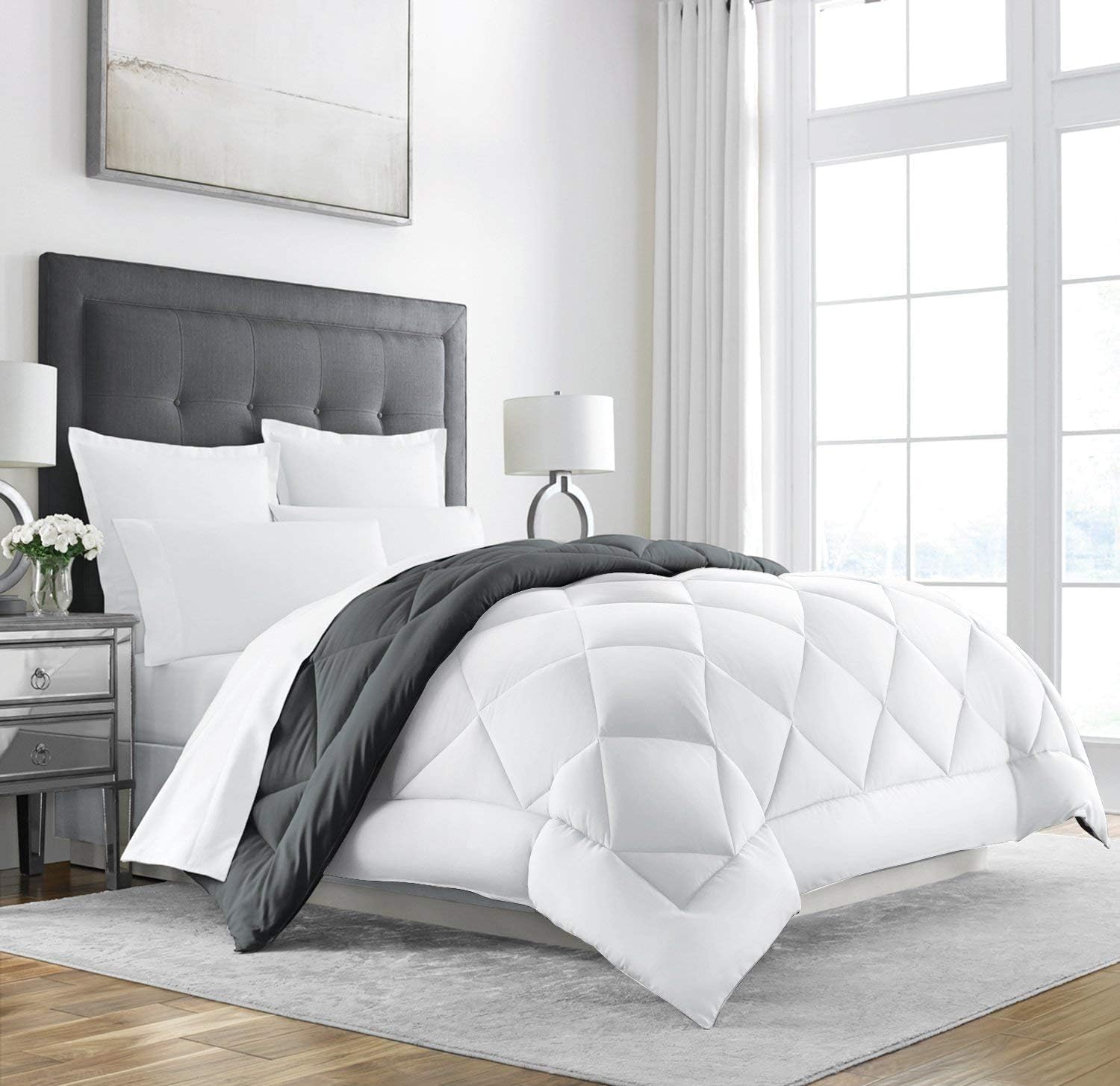 Twin/Queen/King Down Alternative Comforter, 2100 Series All-Season Duvet Insert with Corner Tabs, Box-Stitch, Soft Microfiber, Machine Washable (King, Grey/White)