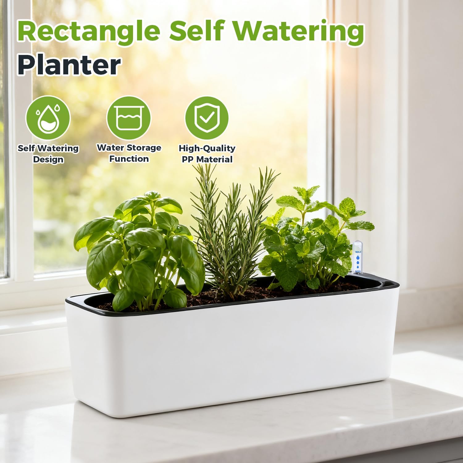 2 Pack Rectangular Planter 15.6 x 5.4 in Self Watering Planter Window Sill Planters Indoor Rectangle Plant Pot Self Watering Pots Plastic Plant pots with Drainage Holes Black Flower Pot