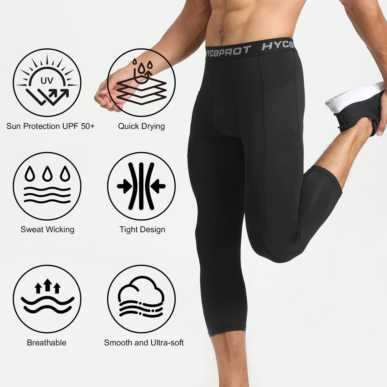 HYCOPROT 3/4 Pantalones de Compresión para Hombres con Bolsillos, Deportivos para Correr, Entrenamiento, Yoga y Baloncesto