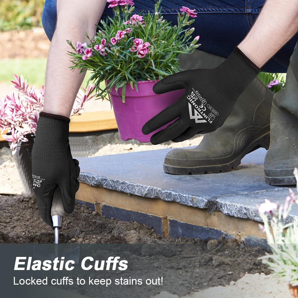 Flintronic Guantes de Trabajo Profesionales, 12 Pares, Recubrimiento de Poliéster PU, Guantes Mecanico Taller, para Jardinería, Construcción, Negro (L-9)