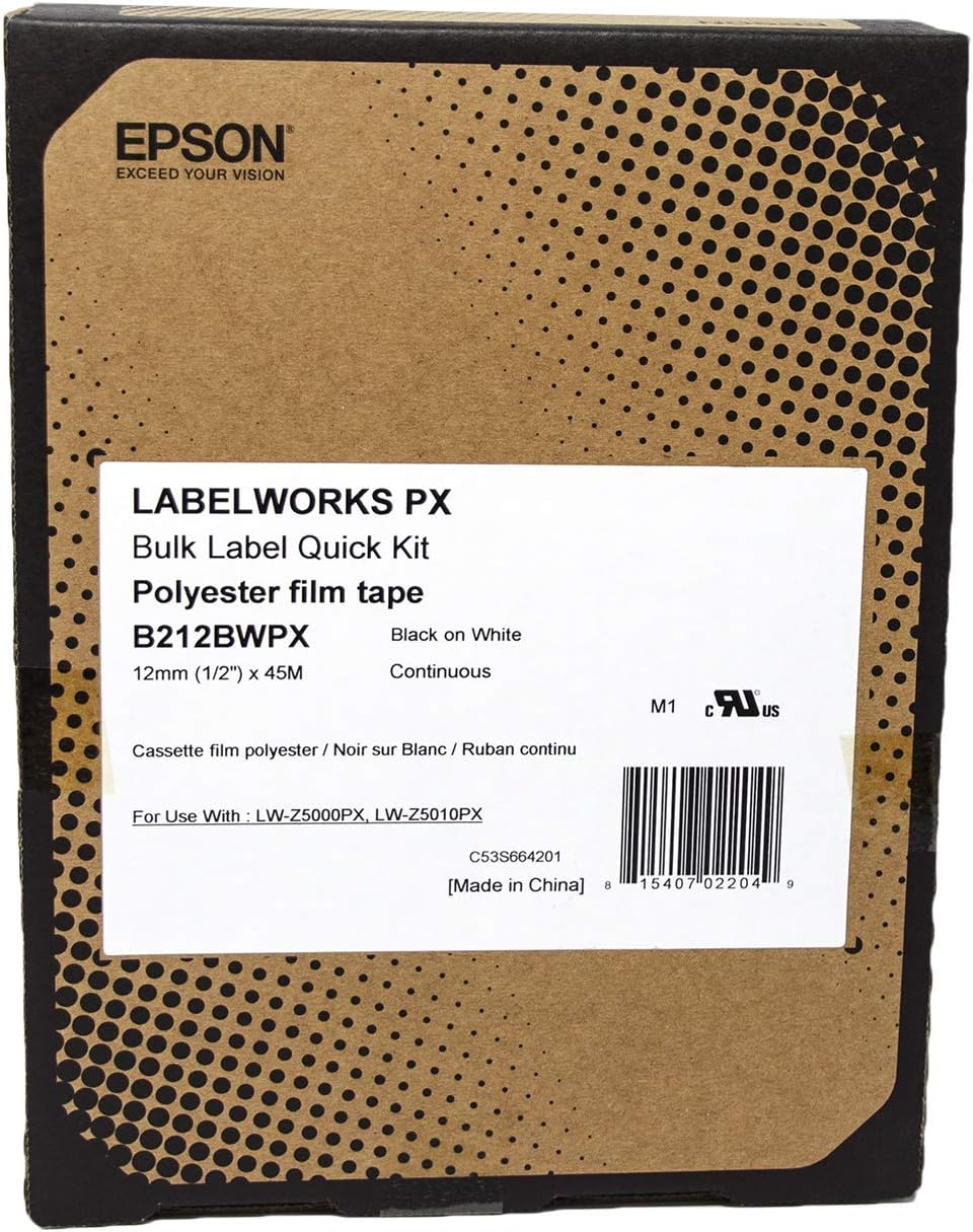 Epson LABELWORKS B212BWPX Genuine Bulk Continuous PET (Polyester) Tape - Black on White Standard Industrial Label Maker Tape - 1/2" (12MM) Wide, 147.6 ft