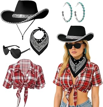 Cowgirl Outfits for Women, Cow Girl Outfit Women, 6Pcs Western Clothing with Cowboy Hat, Glasses, Scarf, Plaid ShirtM, Earrings, Cowboy Accessories for Fancy Dress Festivals & Halloween Party