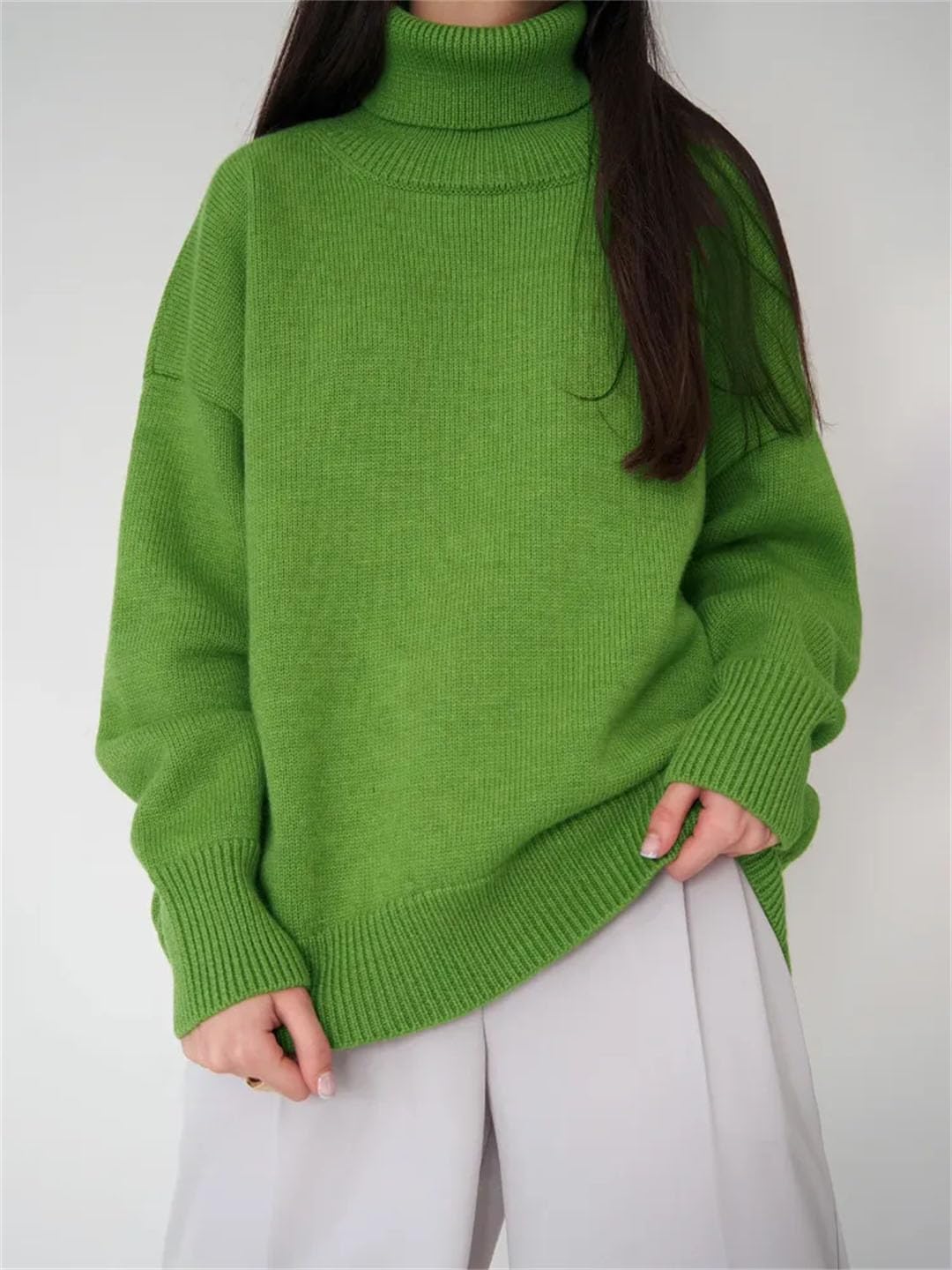 Maglione da donna a collo alto lavorato a maglia, maglione oversize