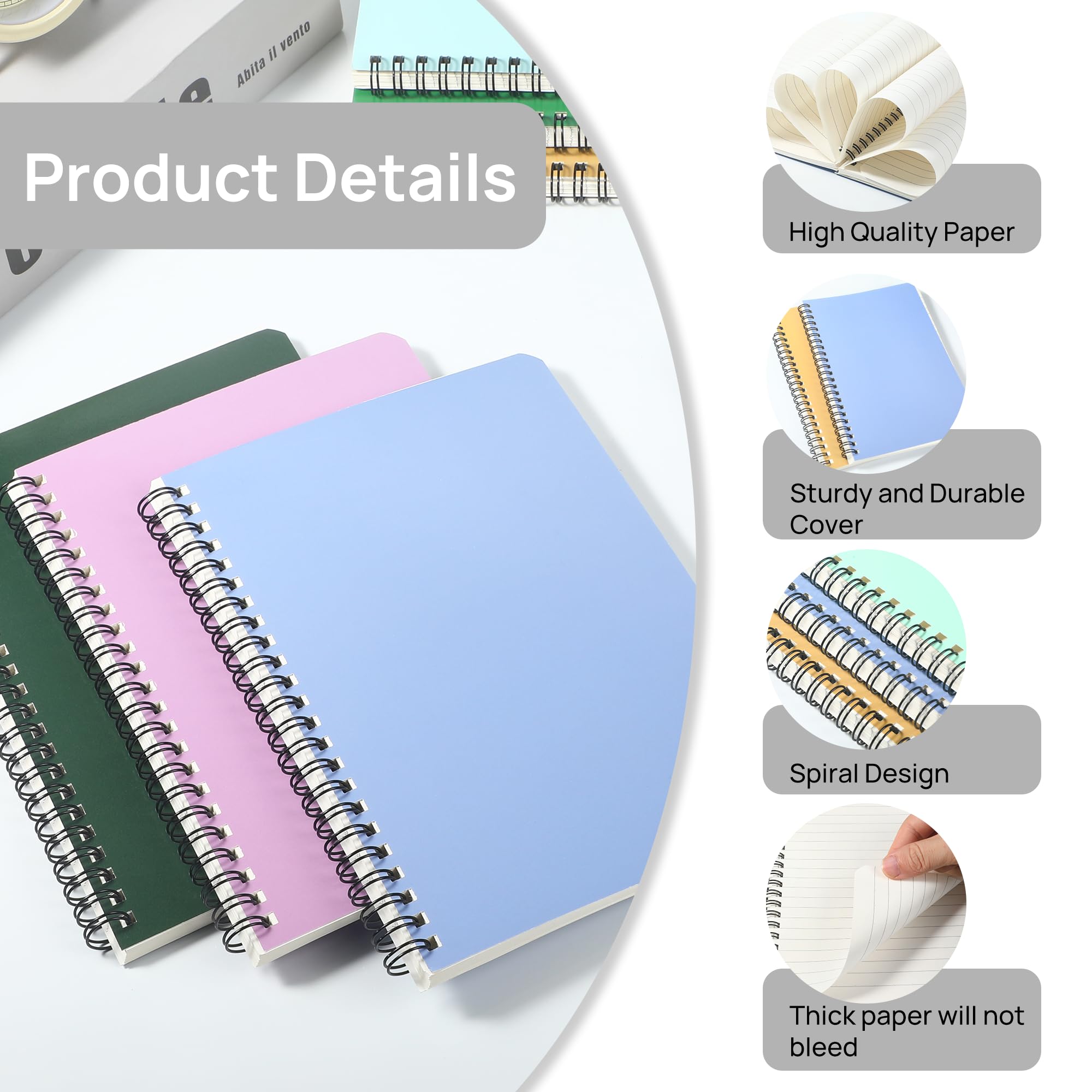 miikoul Lot de 12 carnets à spirales A5, 21,1 x 14 cm, 60 feuilles/120 pages, couverture rigide à larges lignes, avec couverture imperméable, carnet de notes 12 couleurs pour le bureau, la maison,