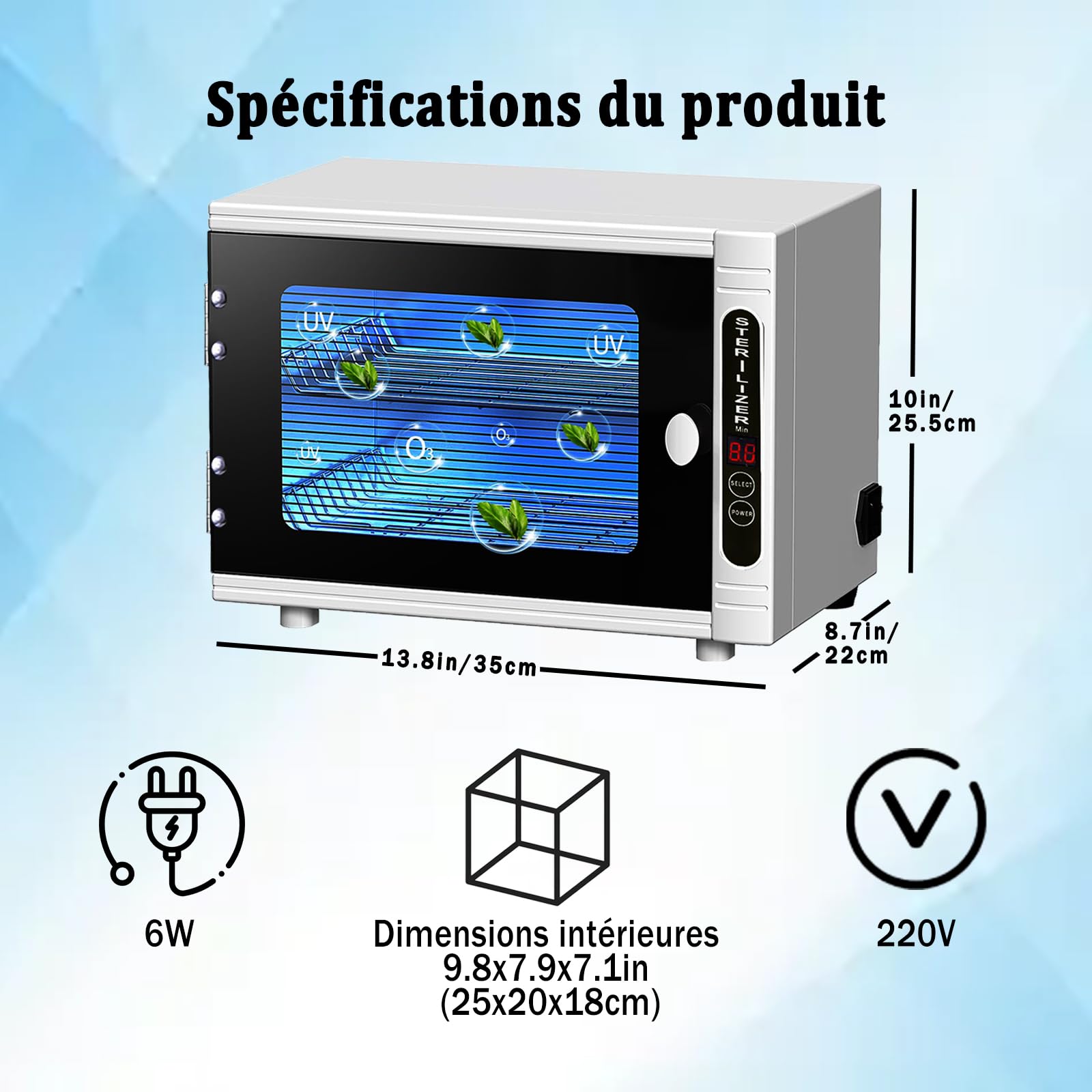 Stérilisateur UV avec minuteur, affichage numérique, désinfection LED, blanc