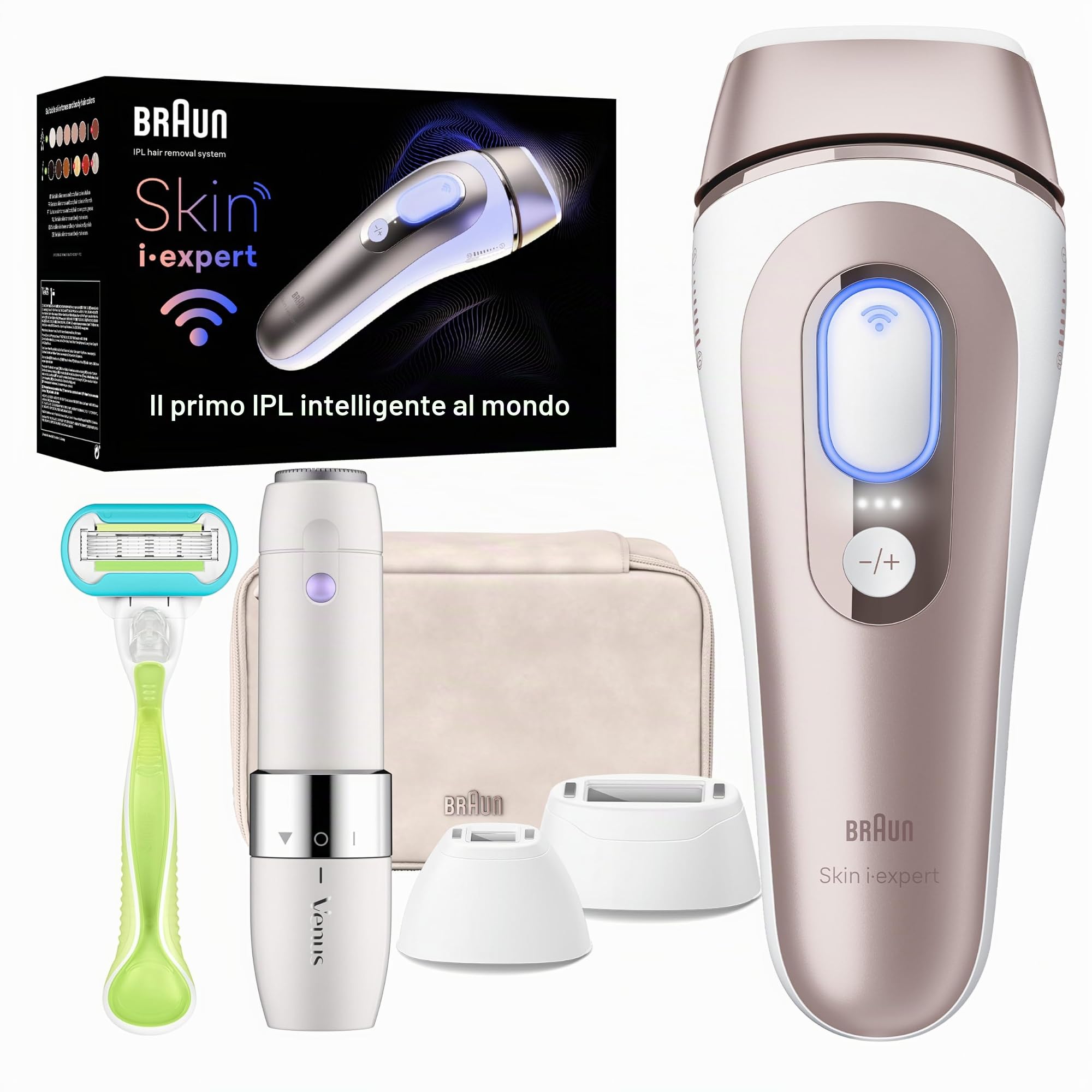Braun Dispositivo di depilazione IPL a lunga durata per donne e uomini, Skin i·Expert, w/Free App, Vanity Case, Venus Razor, 2 testine intelligenti, trimmer viso Venus, alternativa per la depilazione