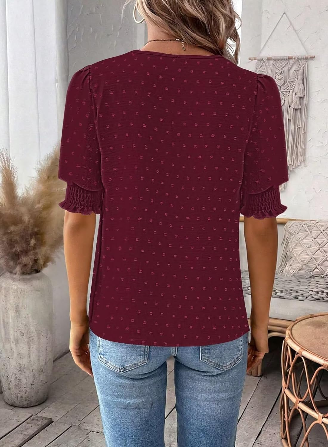 Womens Summer Tops Boho Short Sleeve Shirts V Neck Casual Chiffon Blouses Flowy Lace Hem Spring Clothing Trendy 2025 - Image 5