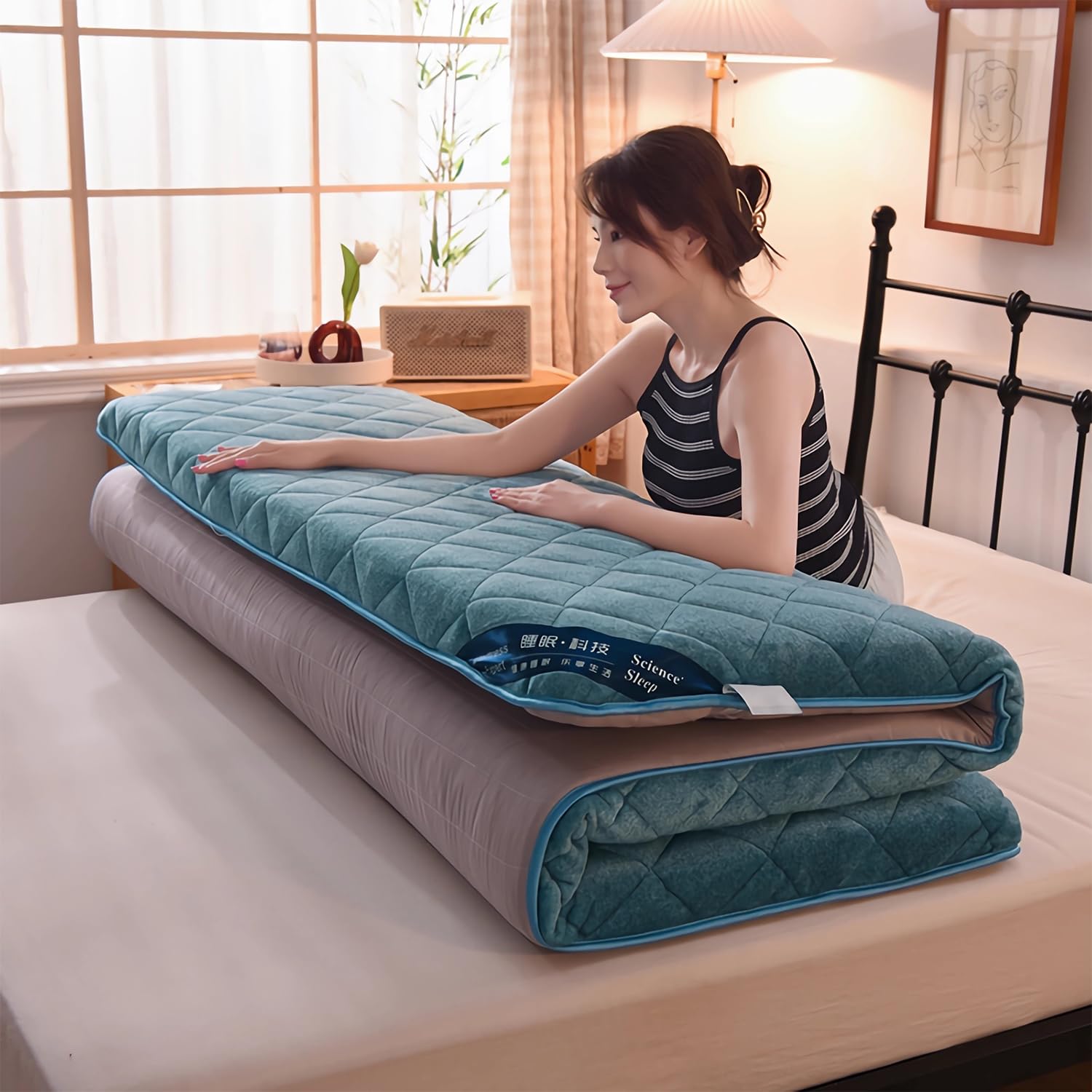 LXJDDLD Futon Bed Mattress,Quilted Mattress Topper,Japanese Foldable Floor Mattress for Kids,Korean Roll Up Sleeping Pads,Portable Tatami Mat,Shikibuton,Blue,150x190cm/59x75in