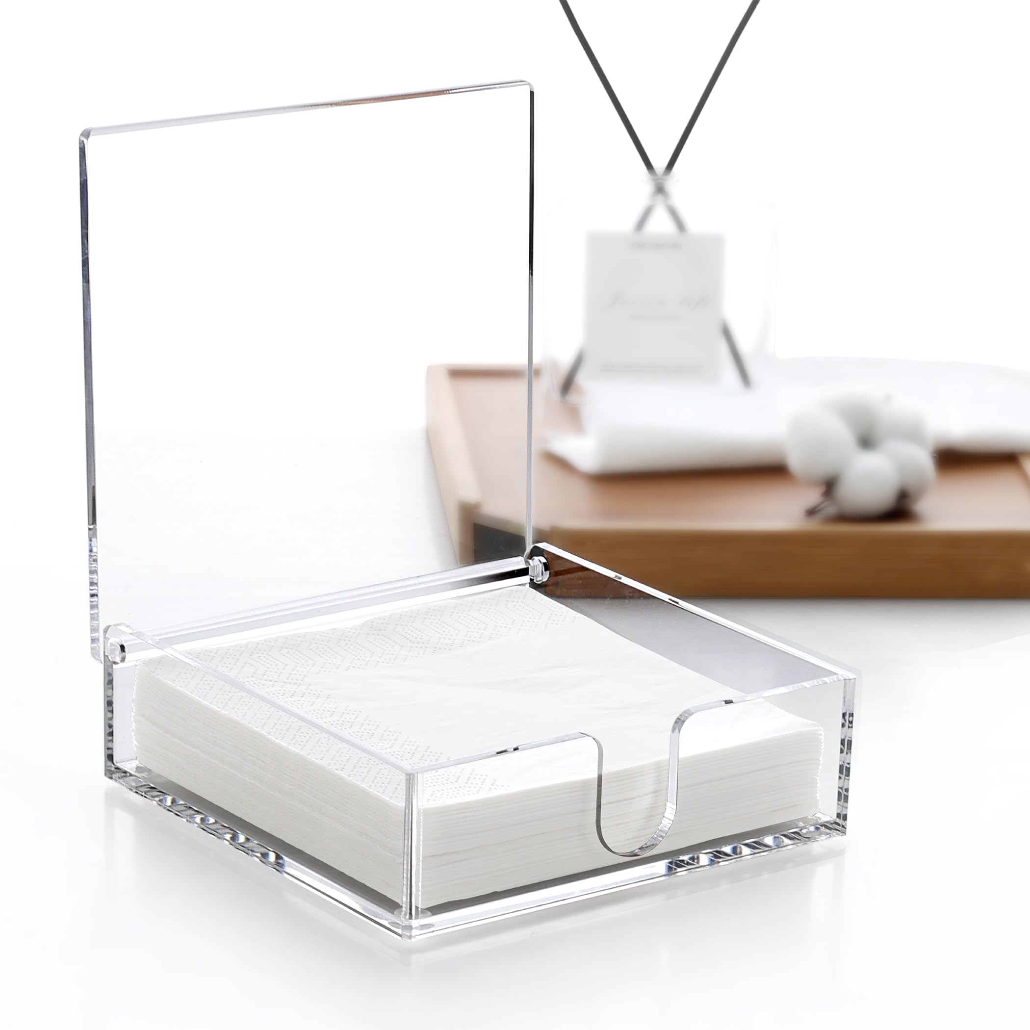 DINGHUO Servilletero de acrílico, dispensador plano de servilletas de almuerzo con tapa, organizador de servilletas de papel impermeable con tapa abatible transparente para mesa, cocina, interior y